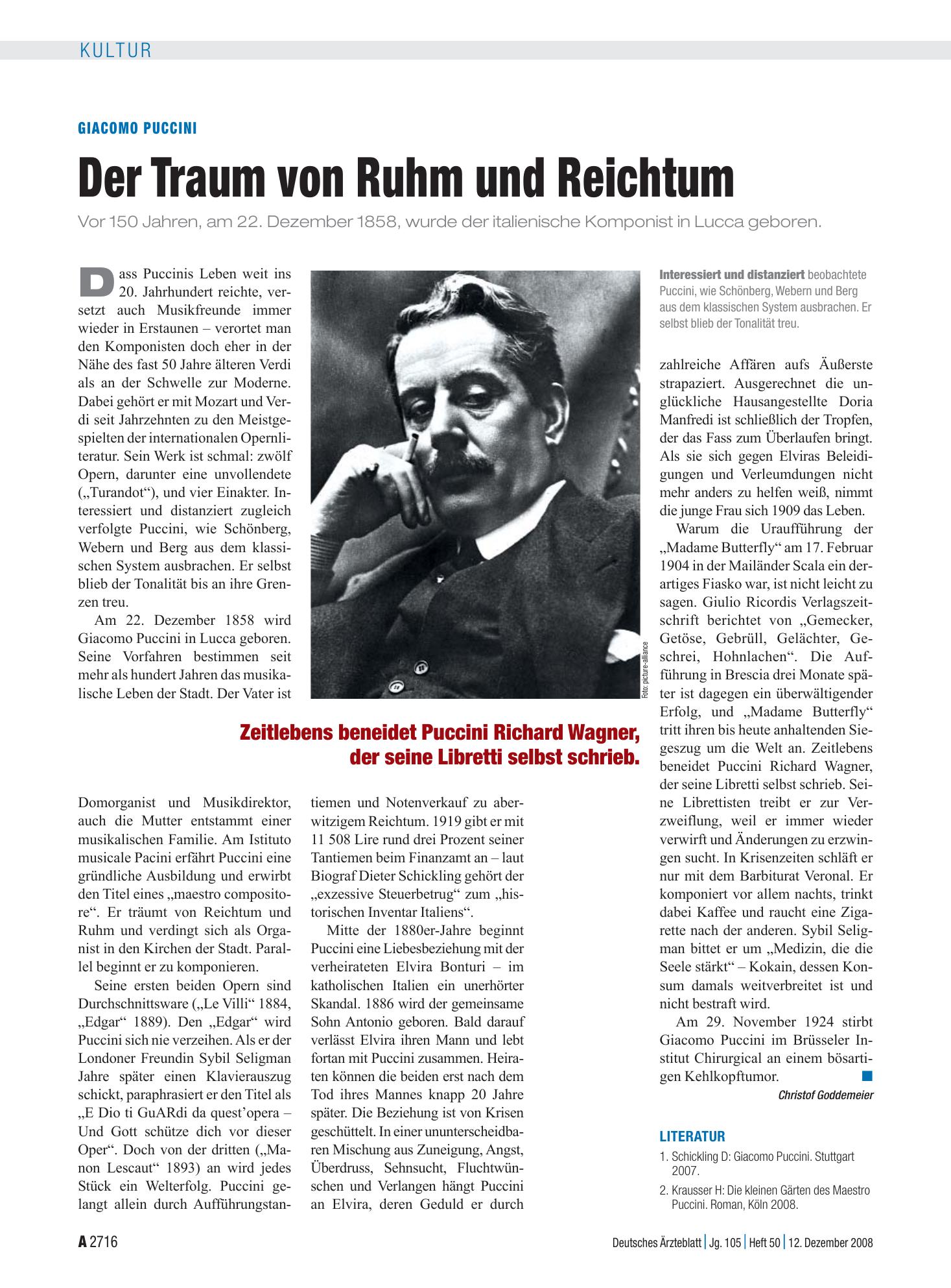 Vorschauseite 1: Giacomo Puccini: Der Traum von Ruhm und Reichtum – Deutsches Ärzteblatt