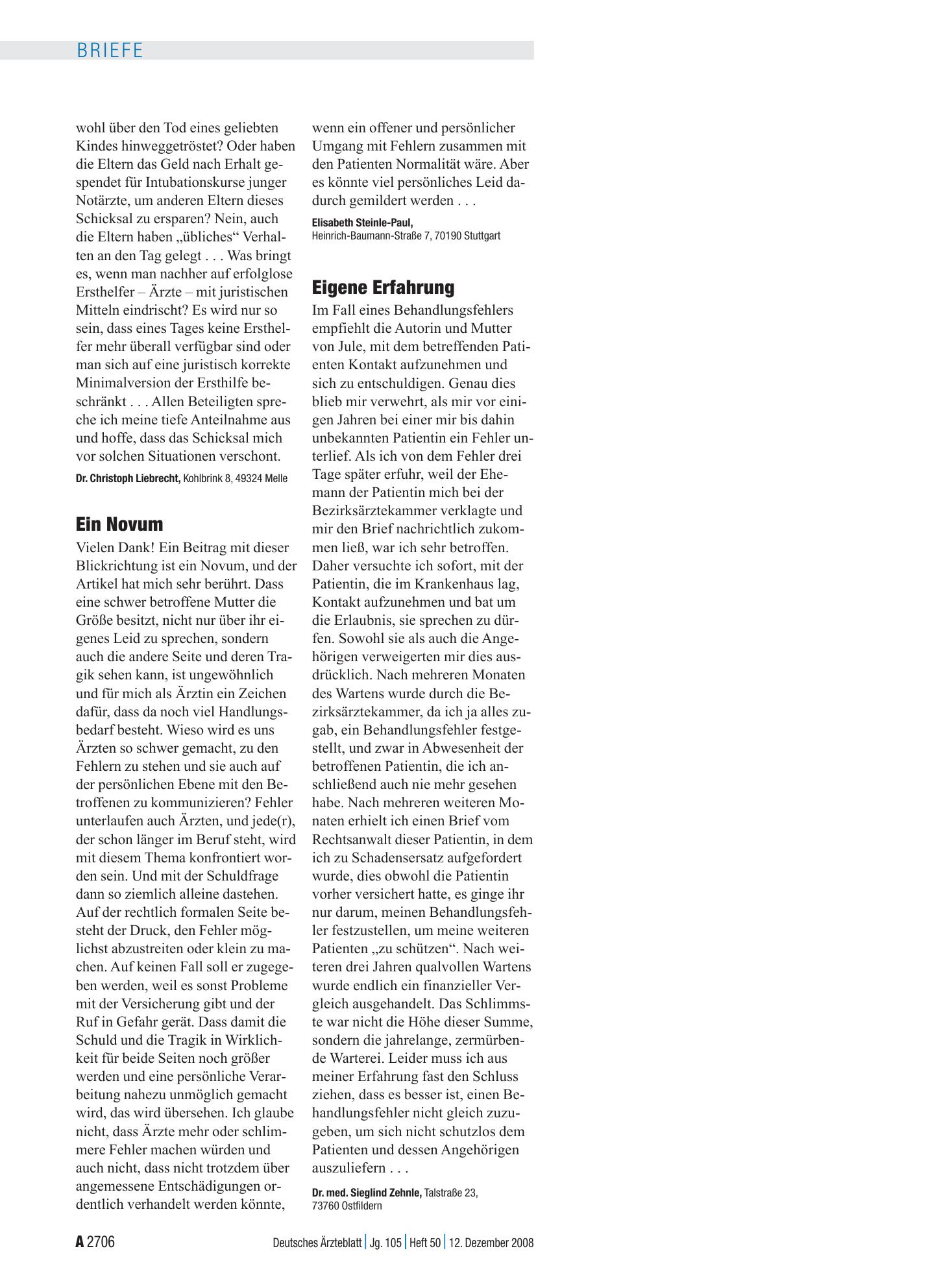 Vorschauseite 1: Medizinfehler: Eigene Erfahrung – Deutsches Ärzteblatt