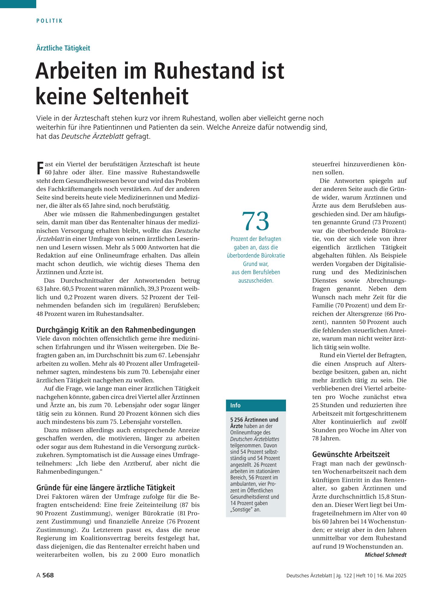 Vorschauseite 1: Ärztliche Tätigkeit: Arbeiten im Ruhestand ist keine Seltenheit – Deutsches Ärzteblatt