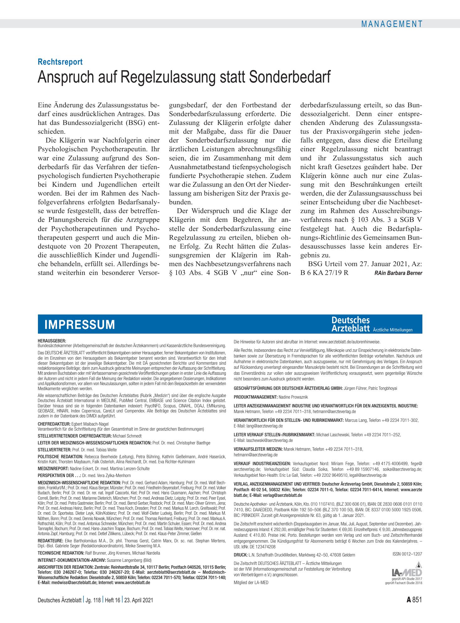 Vorschauseite 1: Rechtsreport: Anspruch auf Regelzulassung statt Sonderbedarf – Deutsches Ärzteblatt