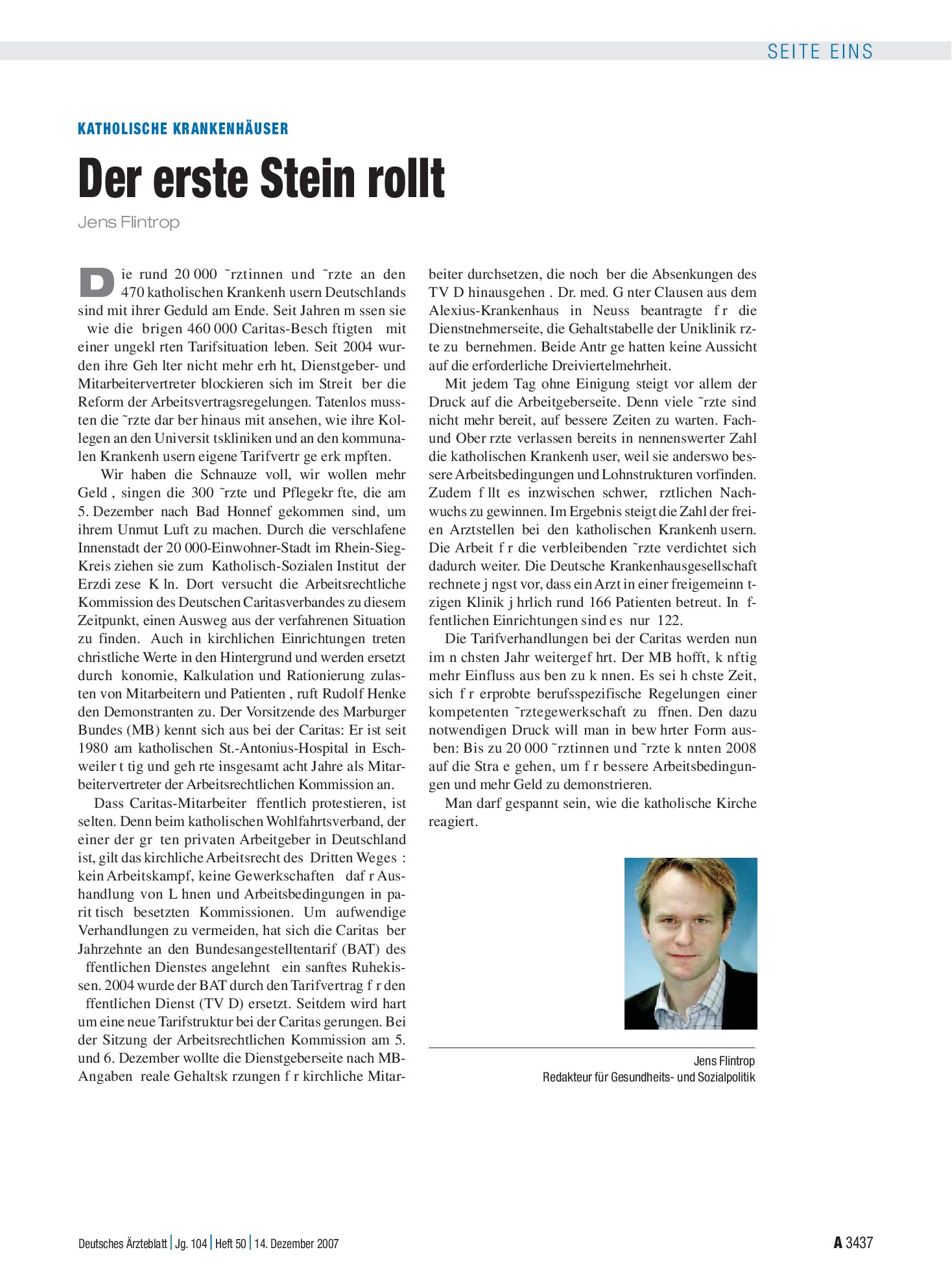 Vorschauseite 1: Katholische Krankenhäuser: Der erste Stein rollt – Deutsches Ärzteblatt