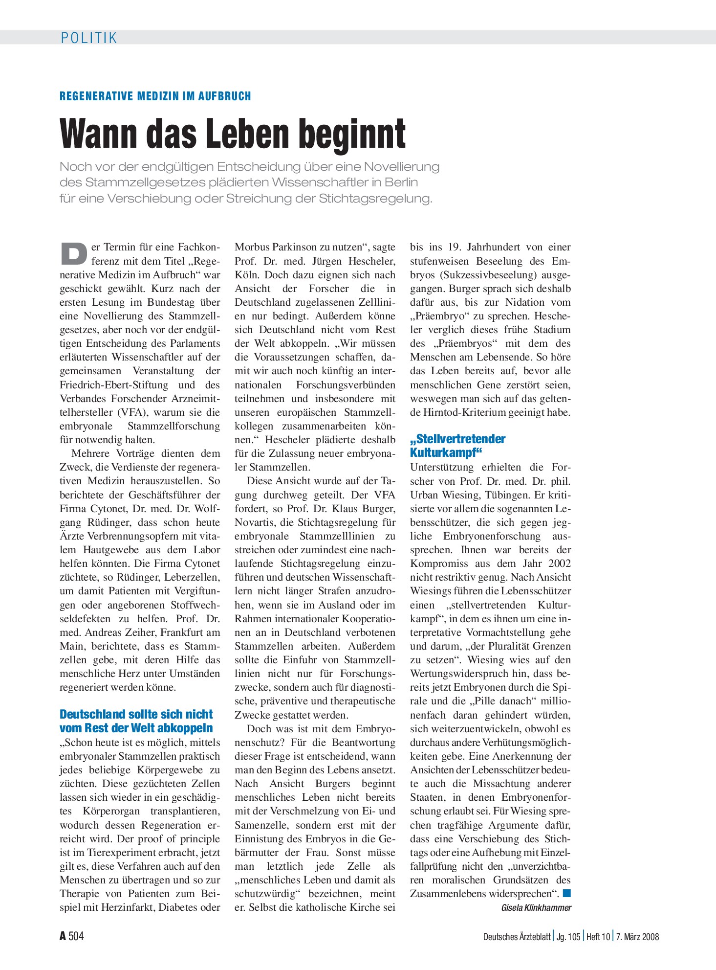 Vorschauseite 1: Regenerative Medizin im Aufbruch: Wann das Leben beginnt – Deutsches Ärzteblatt