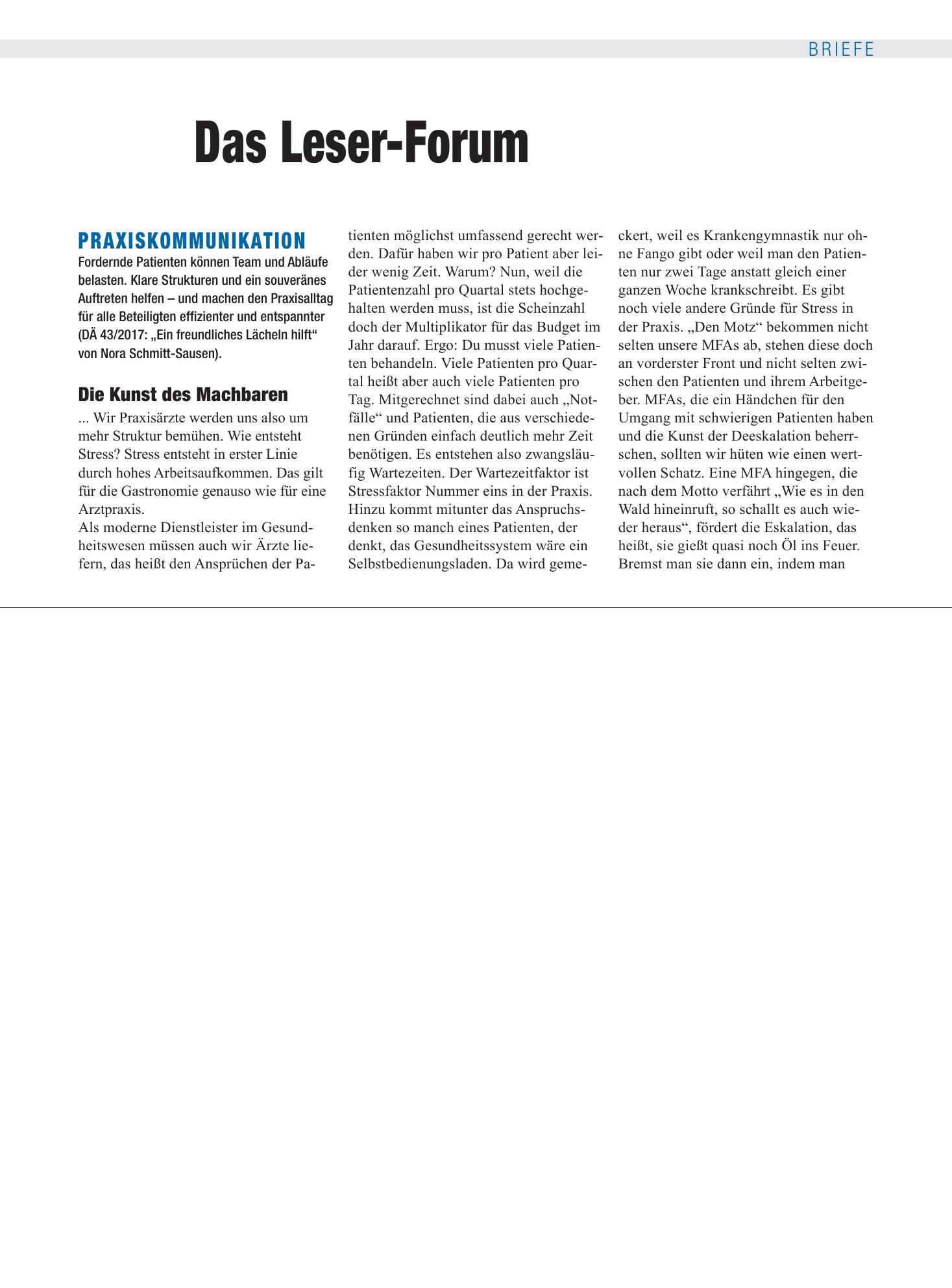Vorschauseite 1: Praxiskommunikation: Die Kunst des Machbaren – Deutsches Ärzteblatt