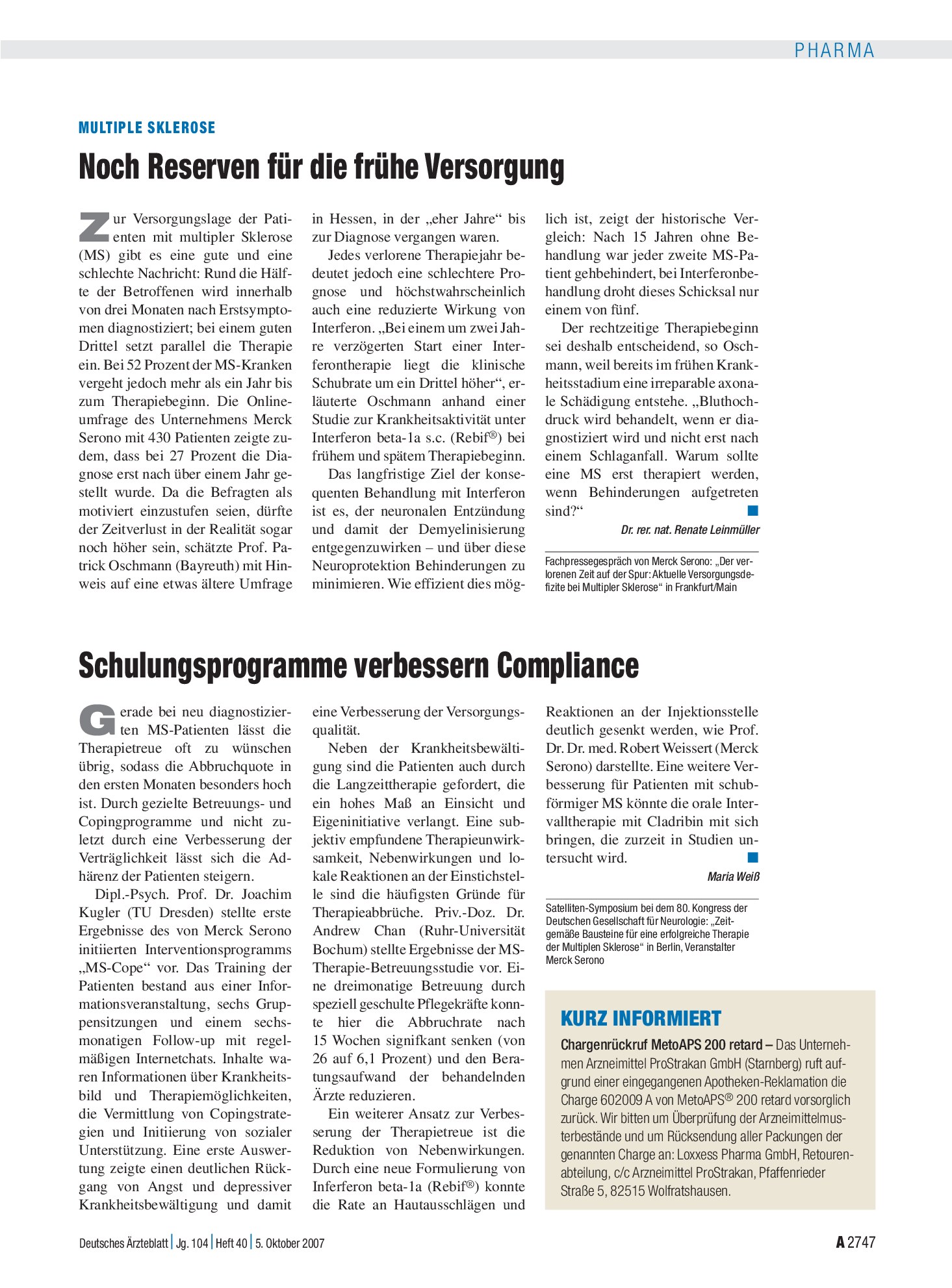 Vorschauseite 1: Multiple Sklerose: Noch Reserven für die frühe Versorgung – Deutsches Ärzteblatt