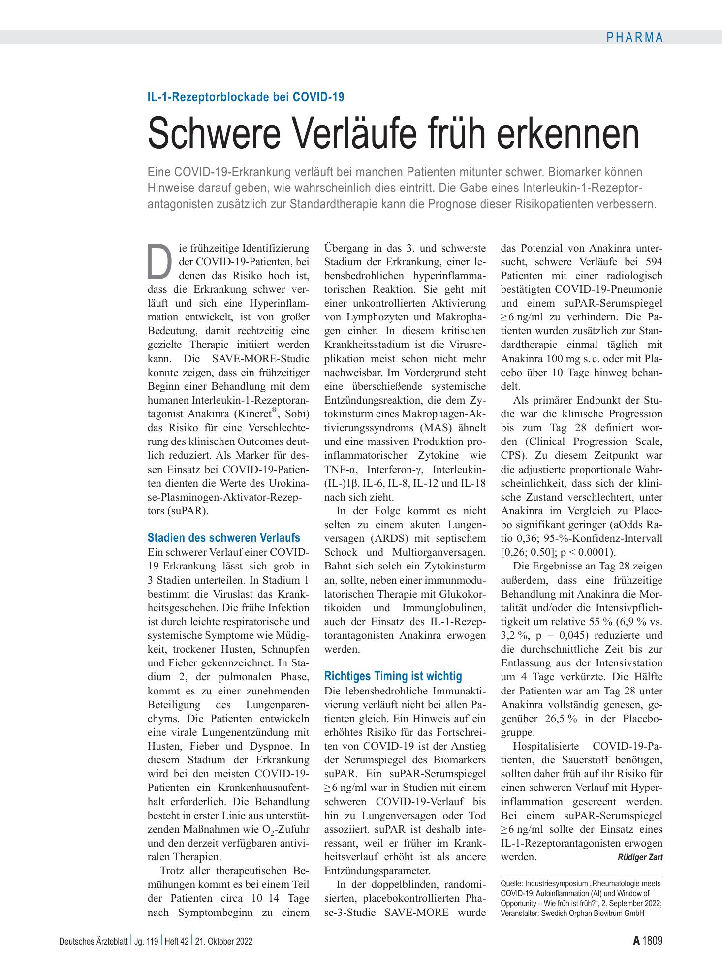 Vorschauseite 1: IL-1-Rezeptorblockade bei COVID-19: Schwere Verläufe früh erkennen – Deutsches Ärzteblatt