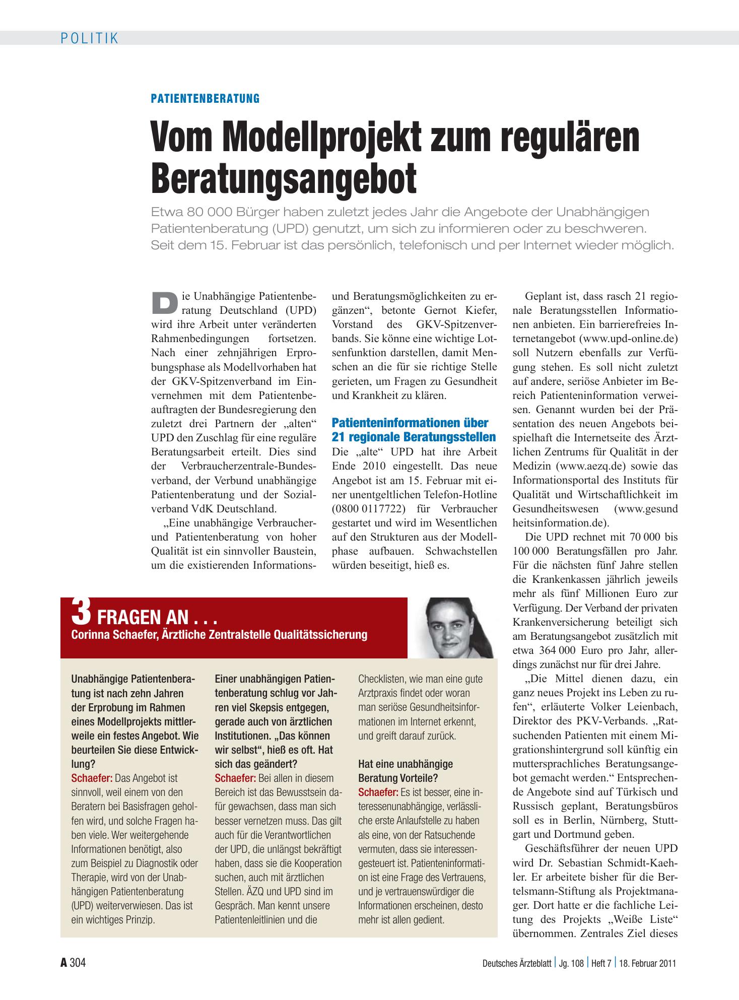Vorschauseite 1: Patientenberatung: Vom Modellprojekt zum regulären Beratungsangebot – Deutsches Ärzteblatt