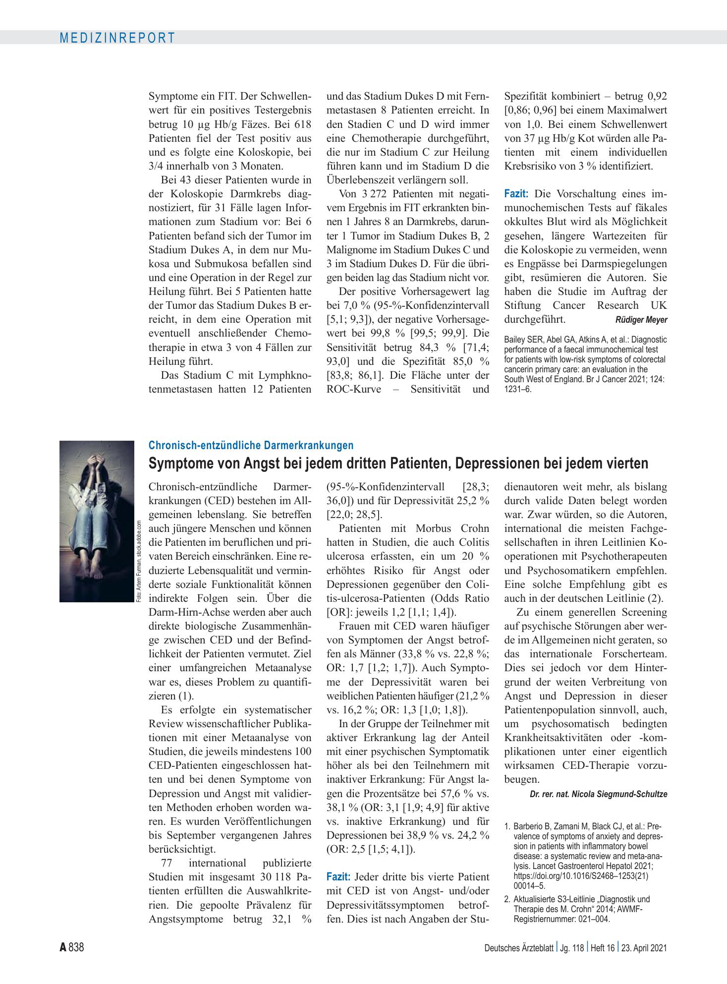 Vorschauseite 1: Chronisch-entzündliche Darmerkrankungen: Symptome von Angst bei jedem dritten Patienten, Depressionen bei jedem vierten – Deutsches Ärzteblatt
