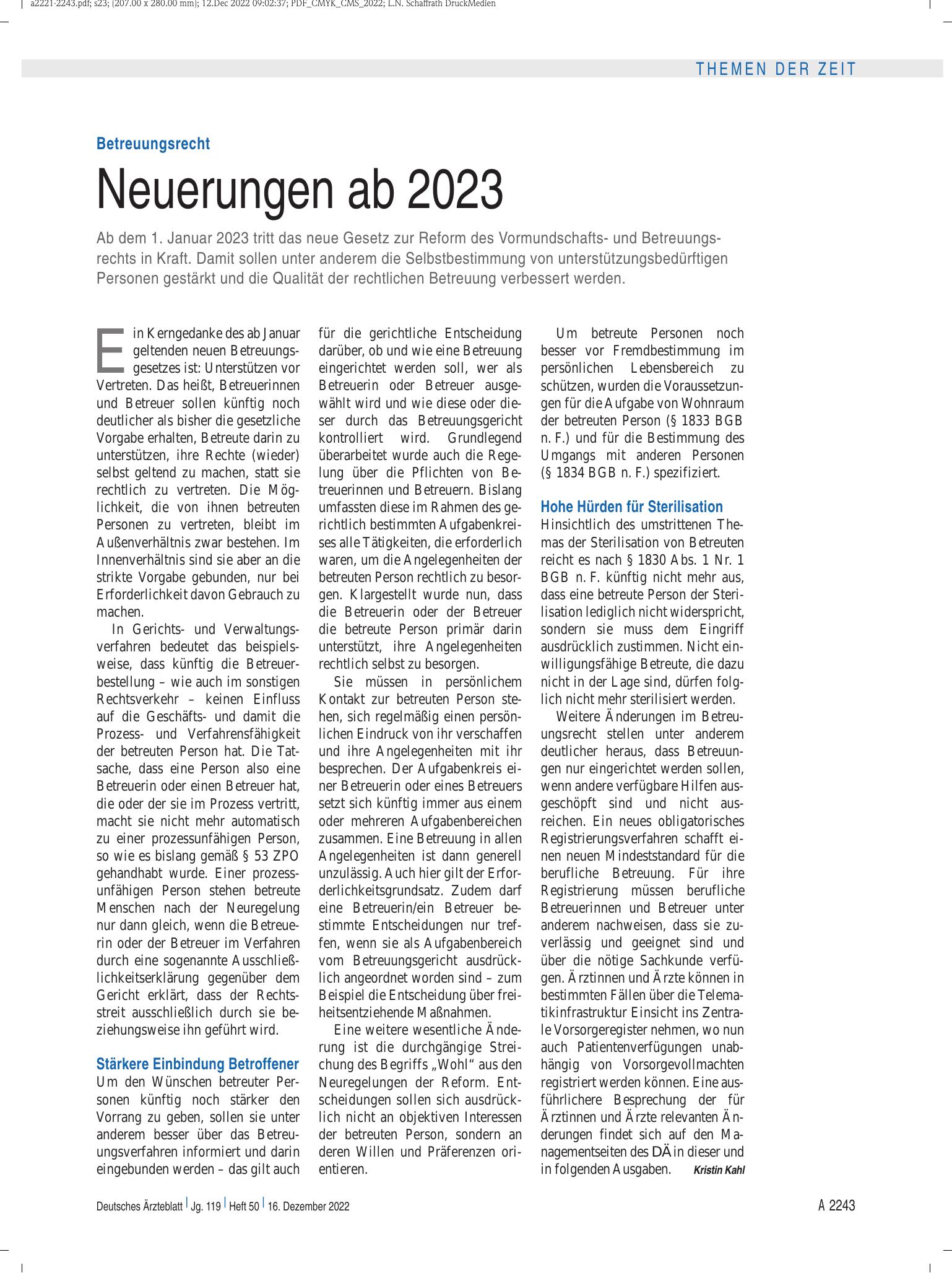 Vorschauseite 1: Betreuungsrecht: Neuerungen ab 2023 – Deutsches Ärzteblatt
