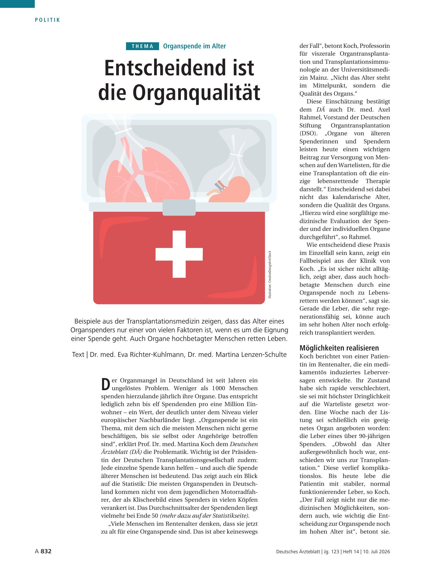 Vorschauseite 1: Organspende im Alter: Entscheidend ist die Organqualität – Deutsches Ärzteblatt