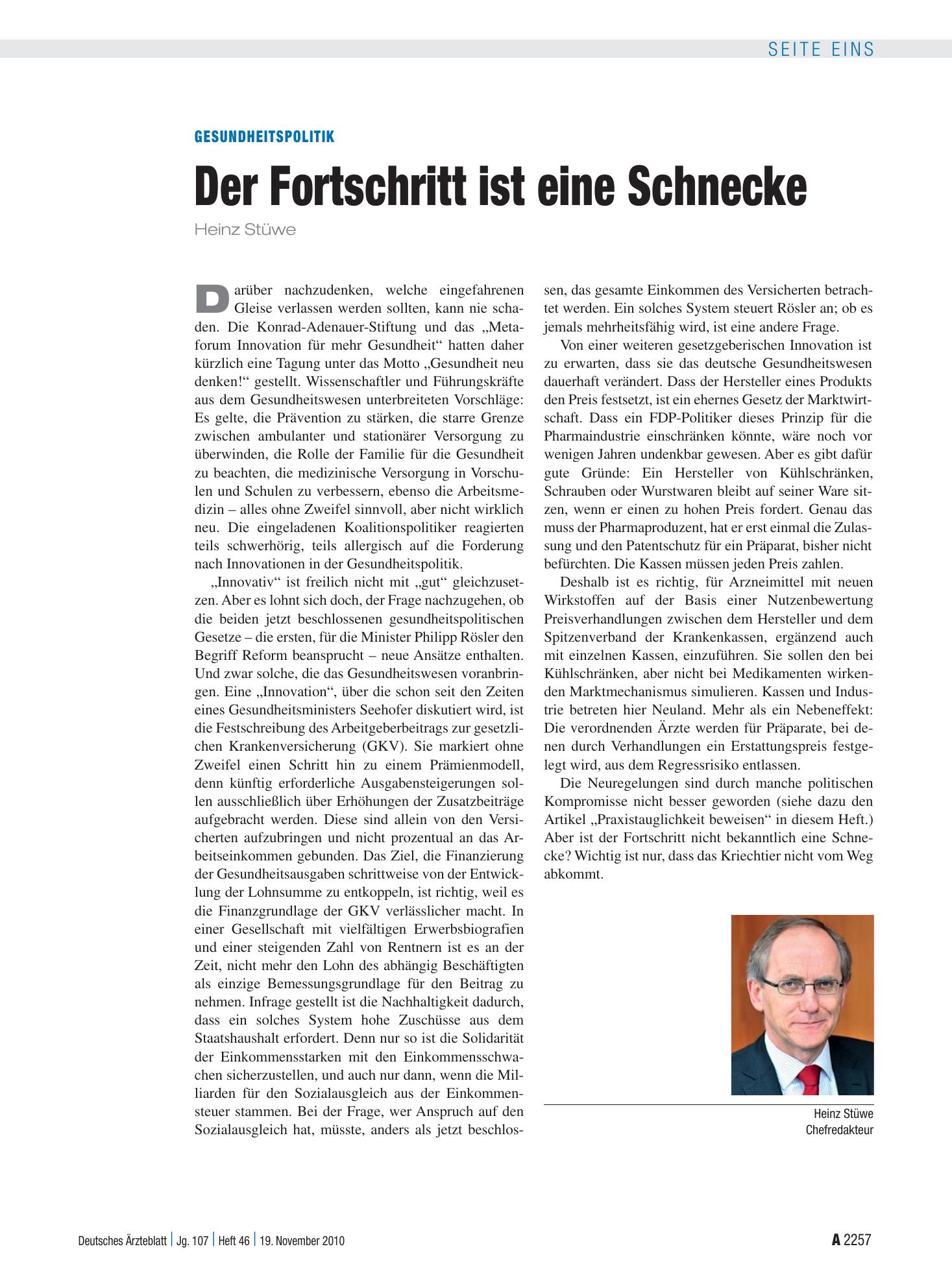 Vorschauseite 1: Gesundheitspolitik: Der Fortschritt ist eine Schnecke – Deutsches Ärzteblatt