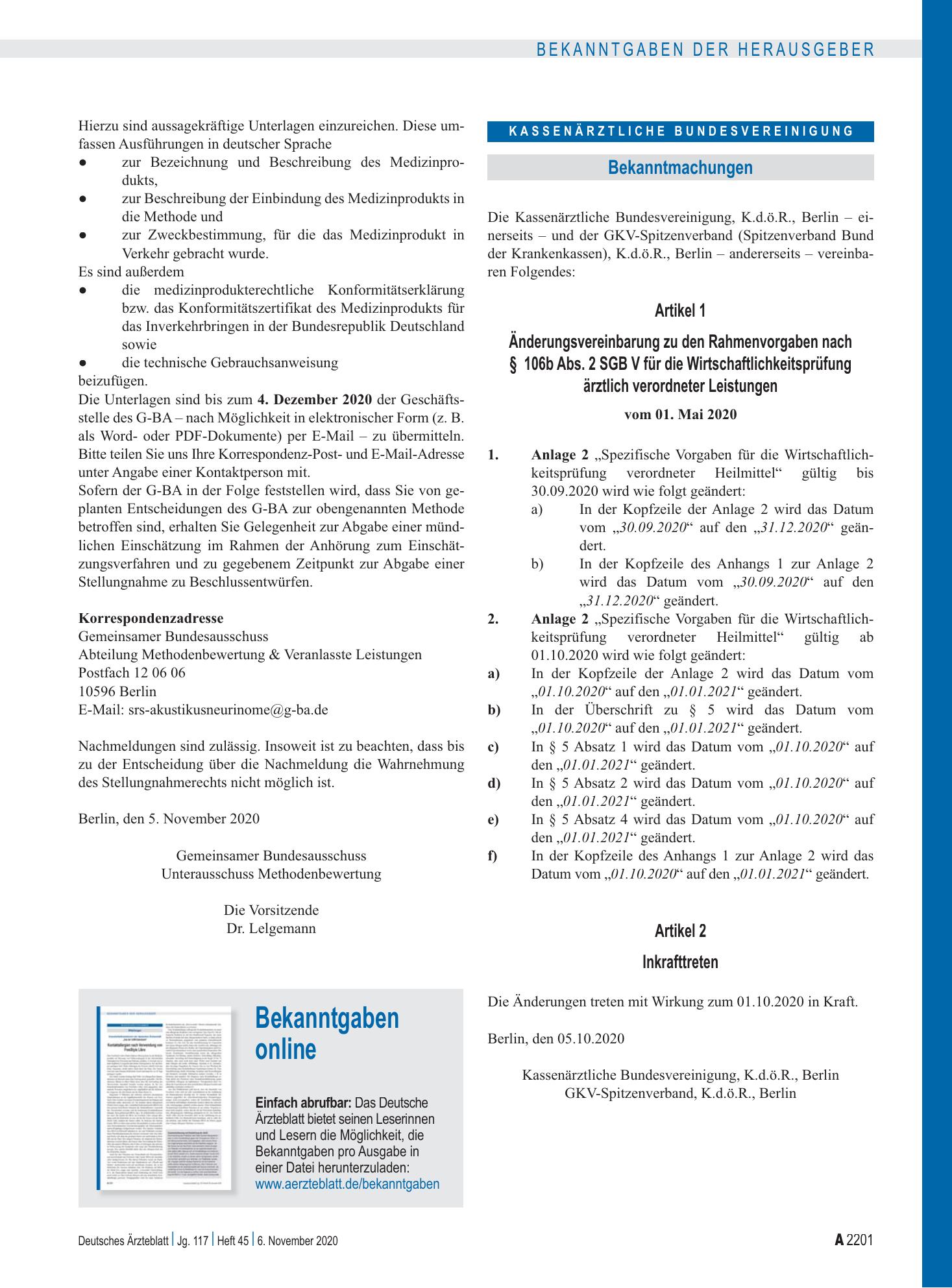 Vorschauseite 1: Bekanntgaben online – Deutsches Ärzteblatt