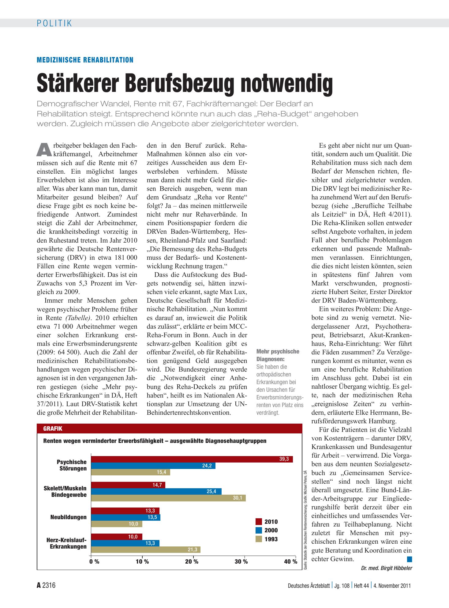 Vorschauseite 1: Medizinische Rehabilitation: Stärkerer Berufsbezug notwendig – Deutsches Ärzteblatt