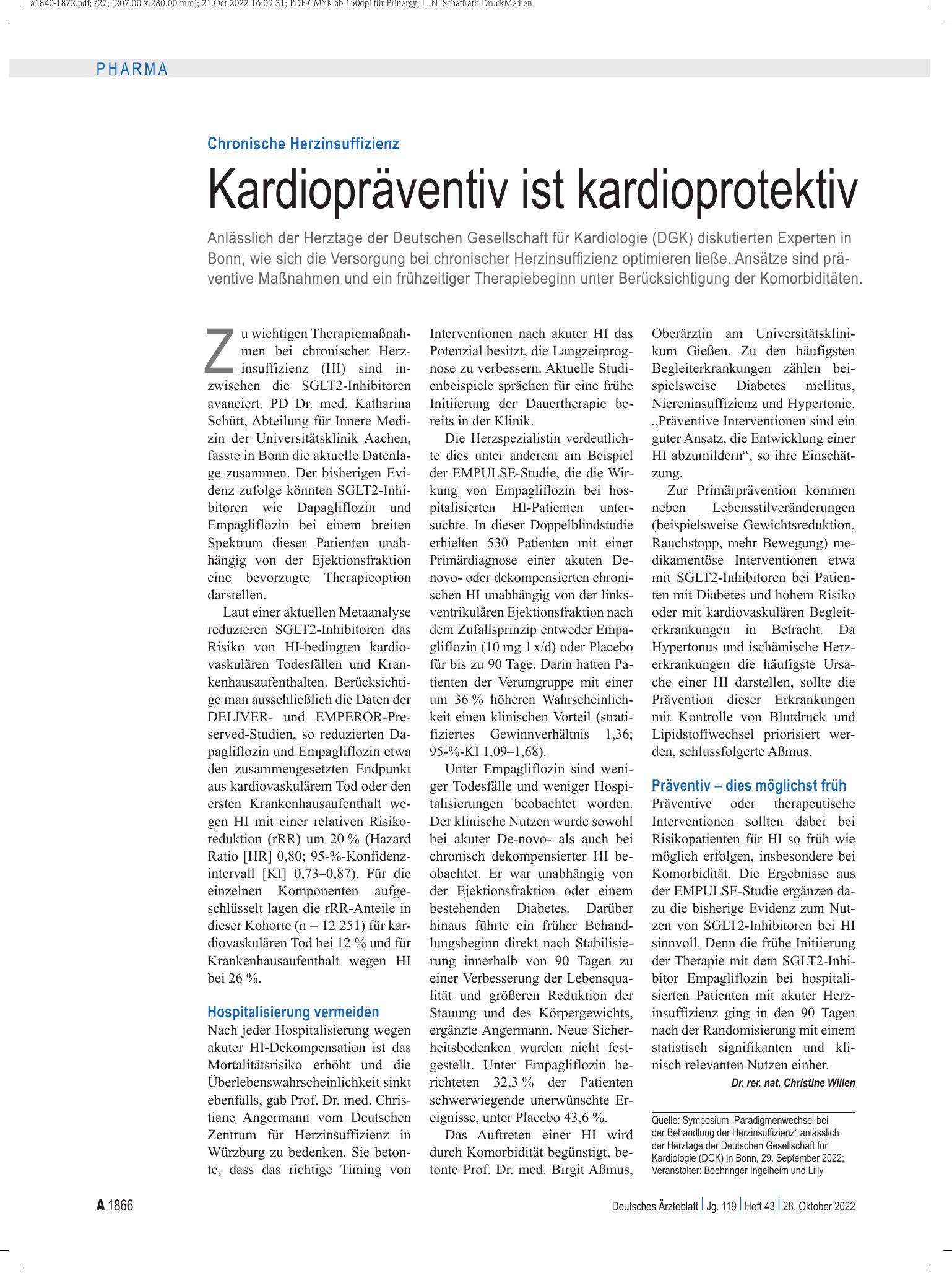 Vorschauseite 1: Chronische Herzinsuffizienz: Kardiopräventiv ist kardioprotektiv – Deutsches Ärzteblatt