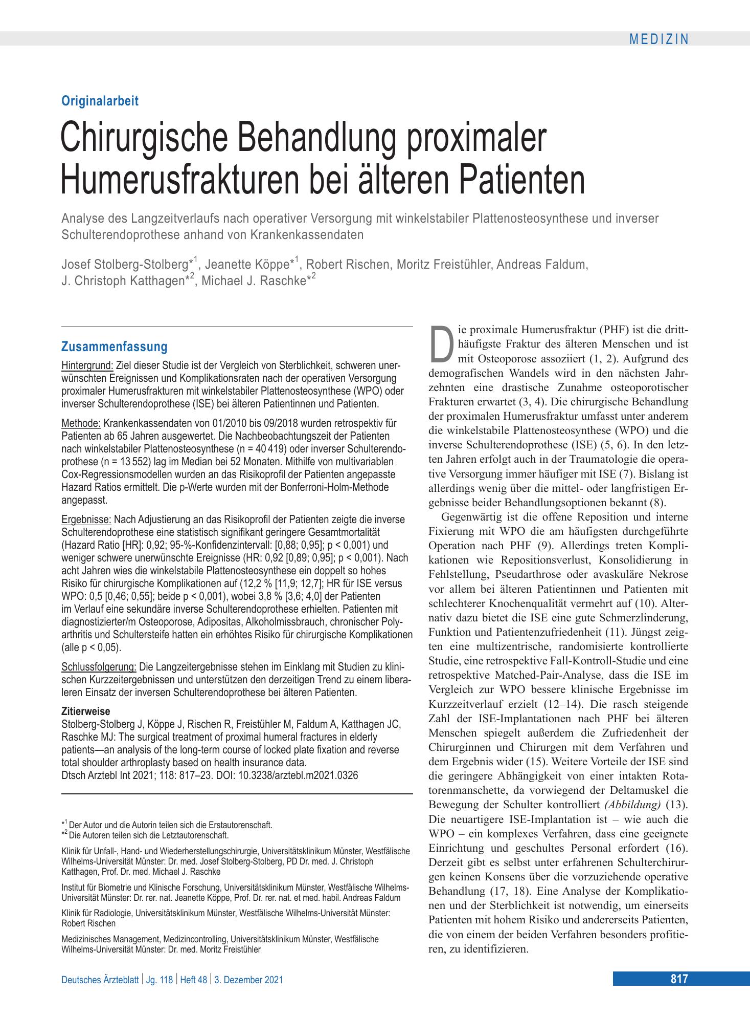 Vorschauseite 1: Chirurgische Behandlung proximaler Humerusfrakturen bei älteren Patienten – Deutsches Ärzteblatt