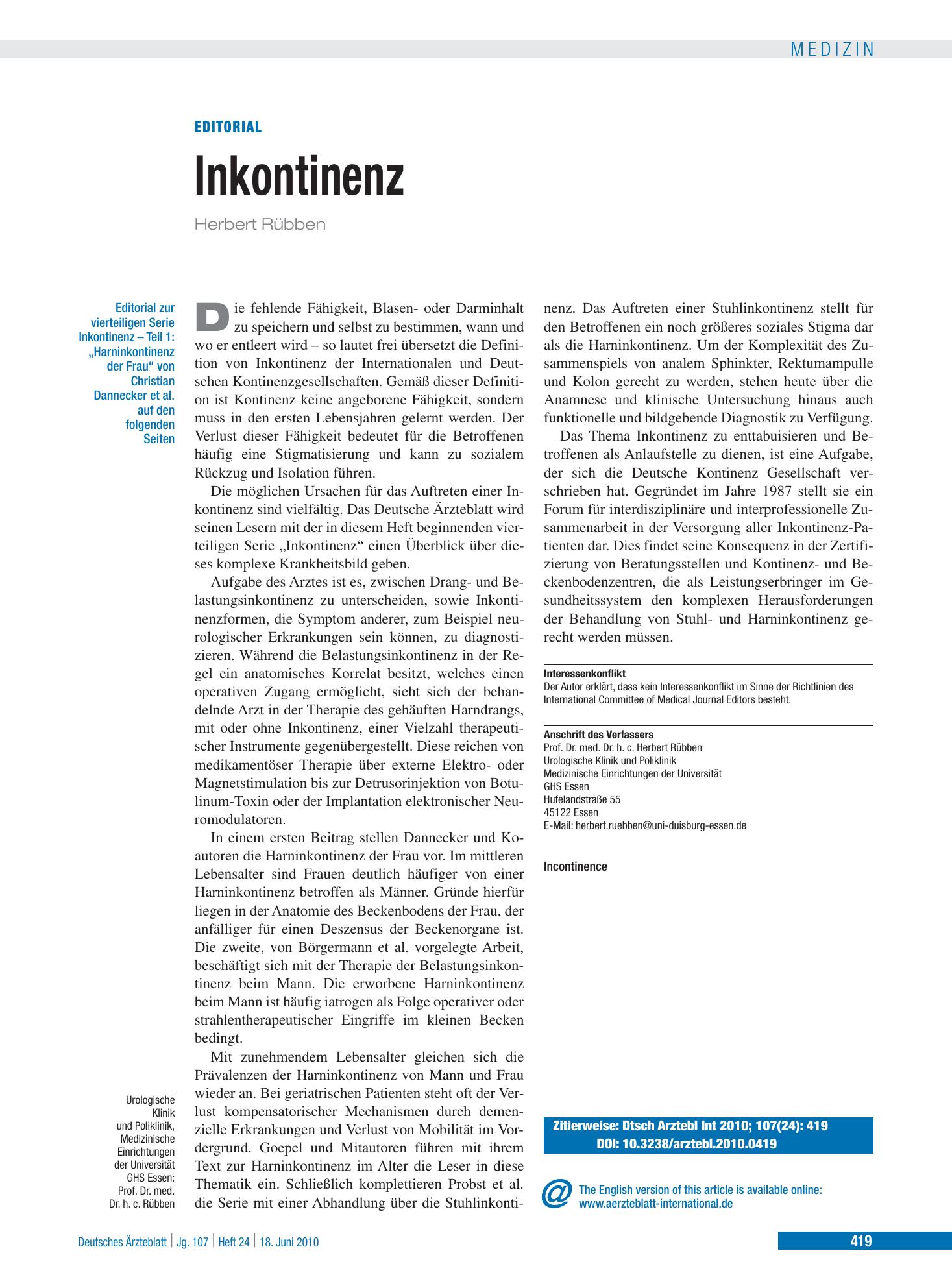 Vorschauseite 1: Harninkontinenz der Frau – Deutsches Ärzteblatt