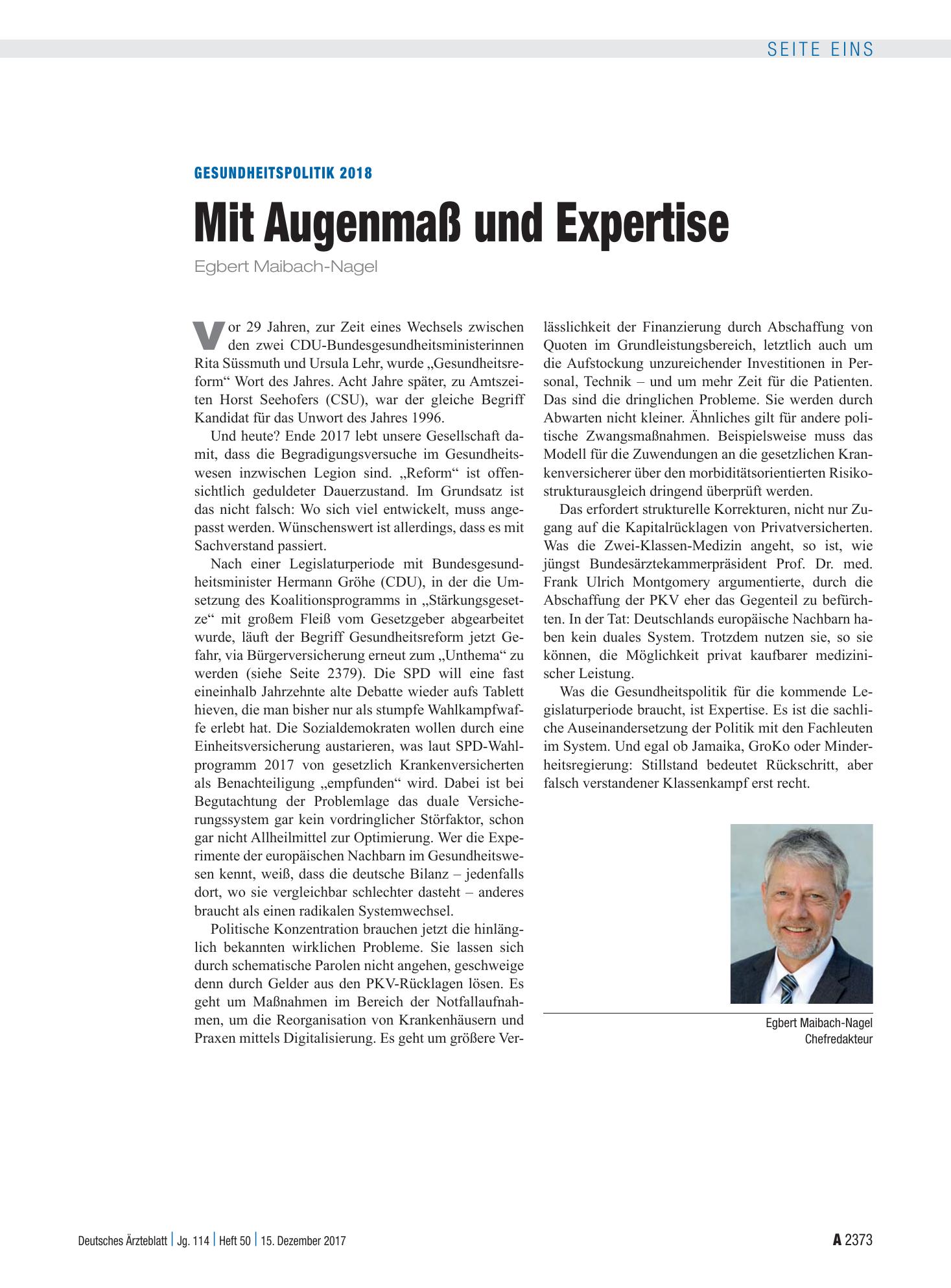 Vorschauseite 1: Gesundheitspolitik 2018: Mit Augenmaß und Expertise – Deutsches Ärzteblatt