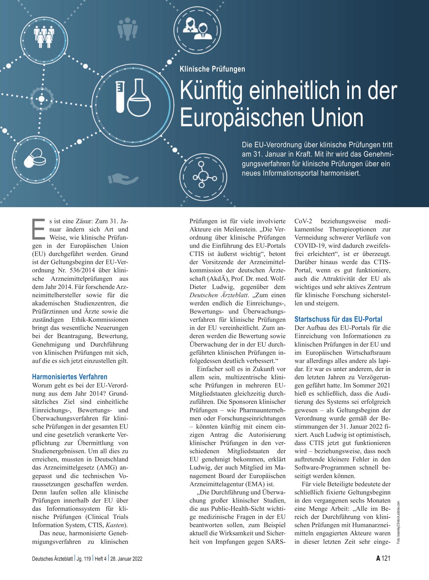 Vorschauseite 1: Klinische Prüfungen: Künftig einheitlich in der Europäischen Union – Deutsches Ärzteblatt