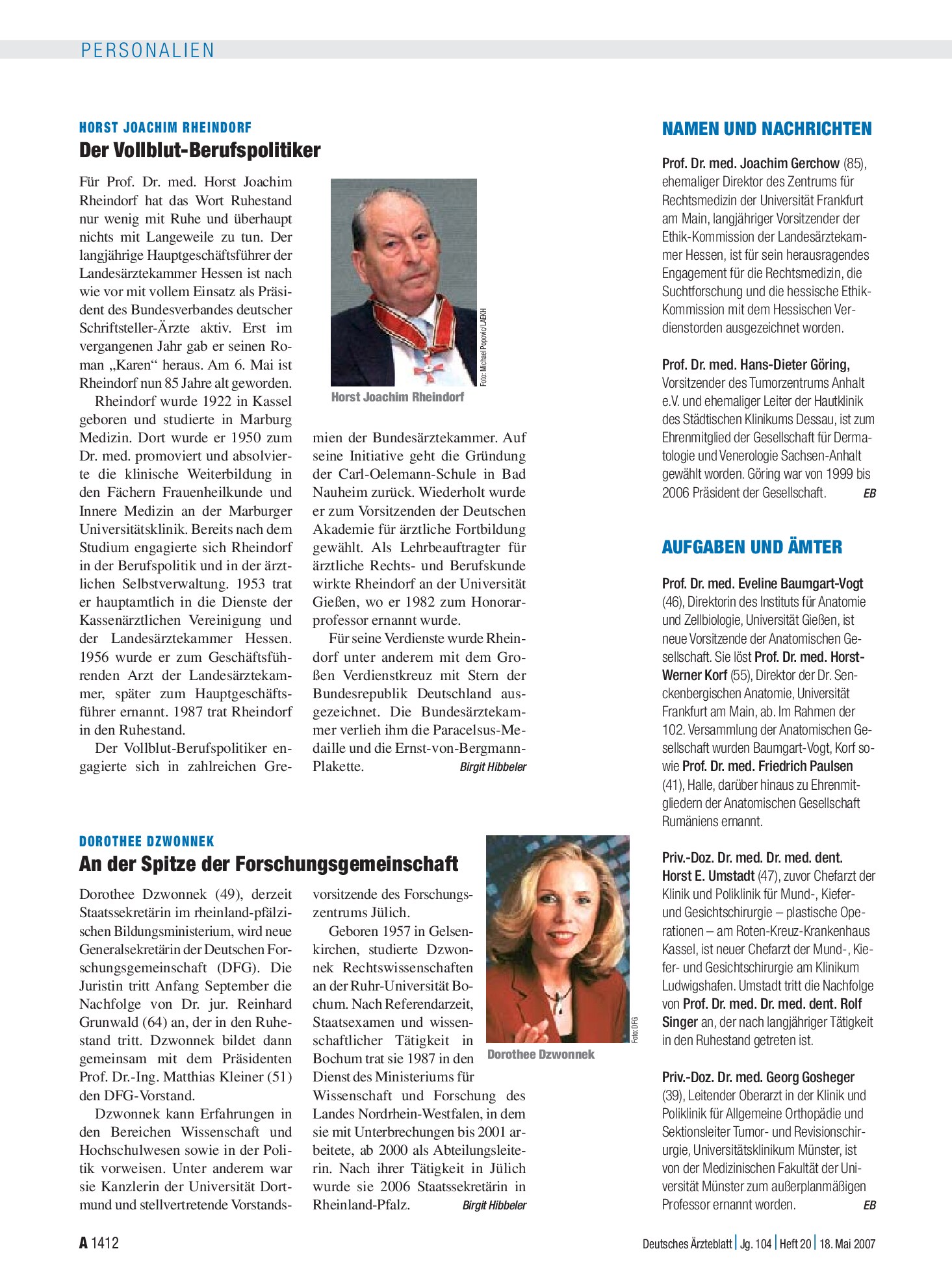 Vorschauseite 1: Dorothee Dzwonnek: An der Spitze der Forschungsgemeinschaft – Deutsches Ärzteblatt