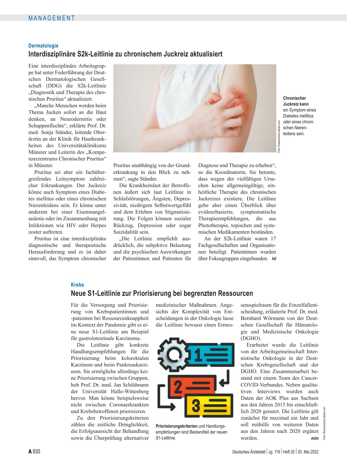 Vorschauseite 1: Dermatologie: Interdisziplinäre S2k-Leitlinie zu chronischem Juckreiz aktualisiert – Deutsches Ärzteblatt