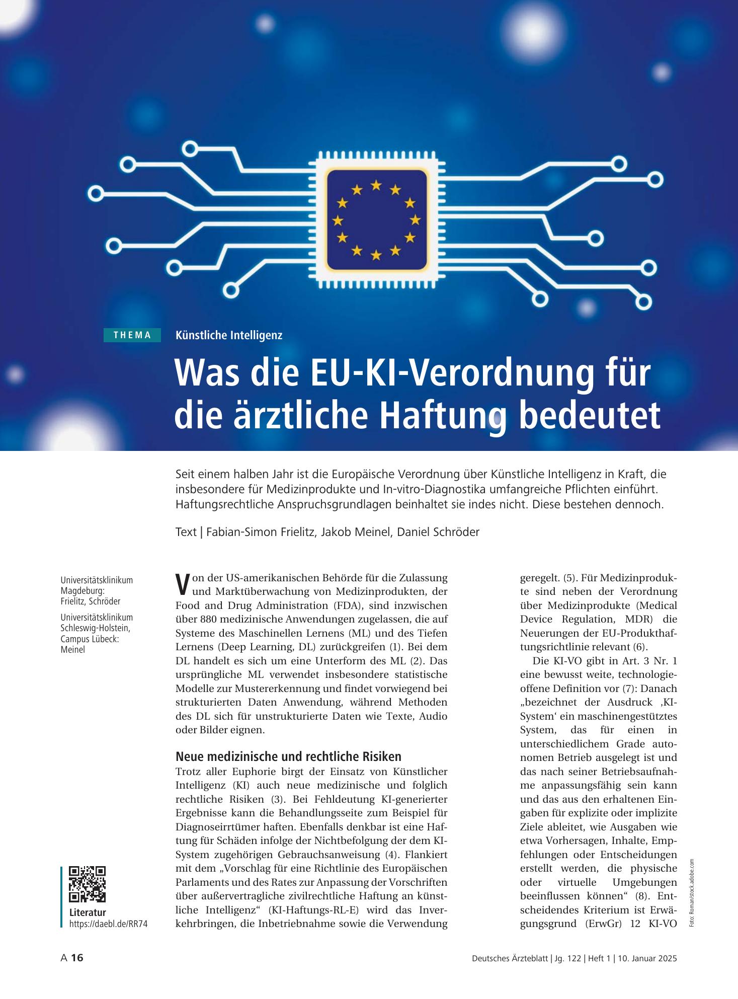 Vorschauseite 1: Künstliche Intelligenz: Was die EU-KI-Verordnung für die ärztliche Haftung bedeutet – Deutsches Ärzteblatt