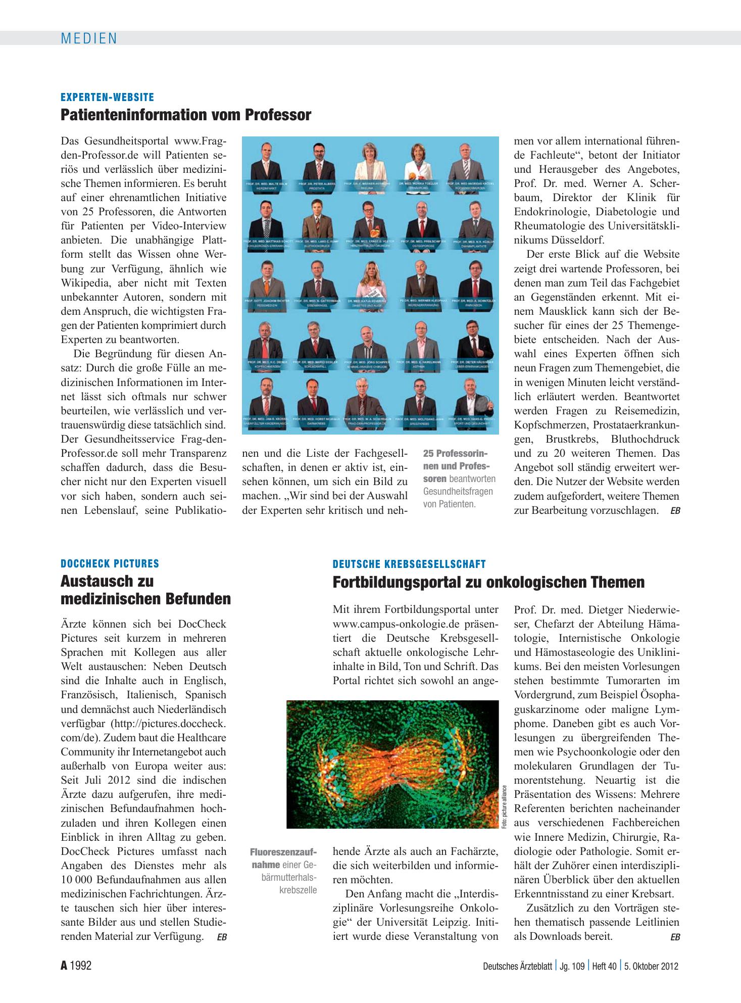Vorschauseite 1: Experten-Website: Patienteninformation vom Professor – Deutsches Ärzteblatt