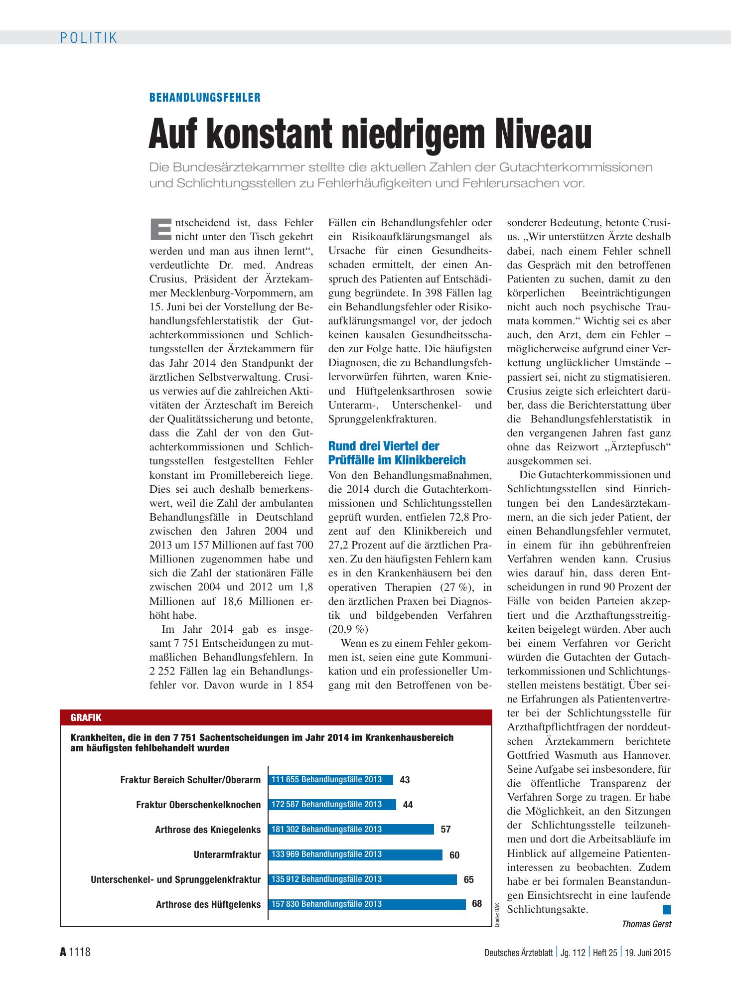 Vorschauseite 1: Behandlungsfehler: Auf konstant niedrigem Niveau – Deutsches Ärzteblatt