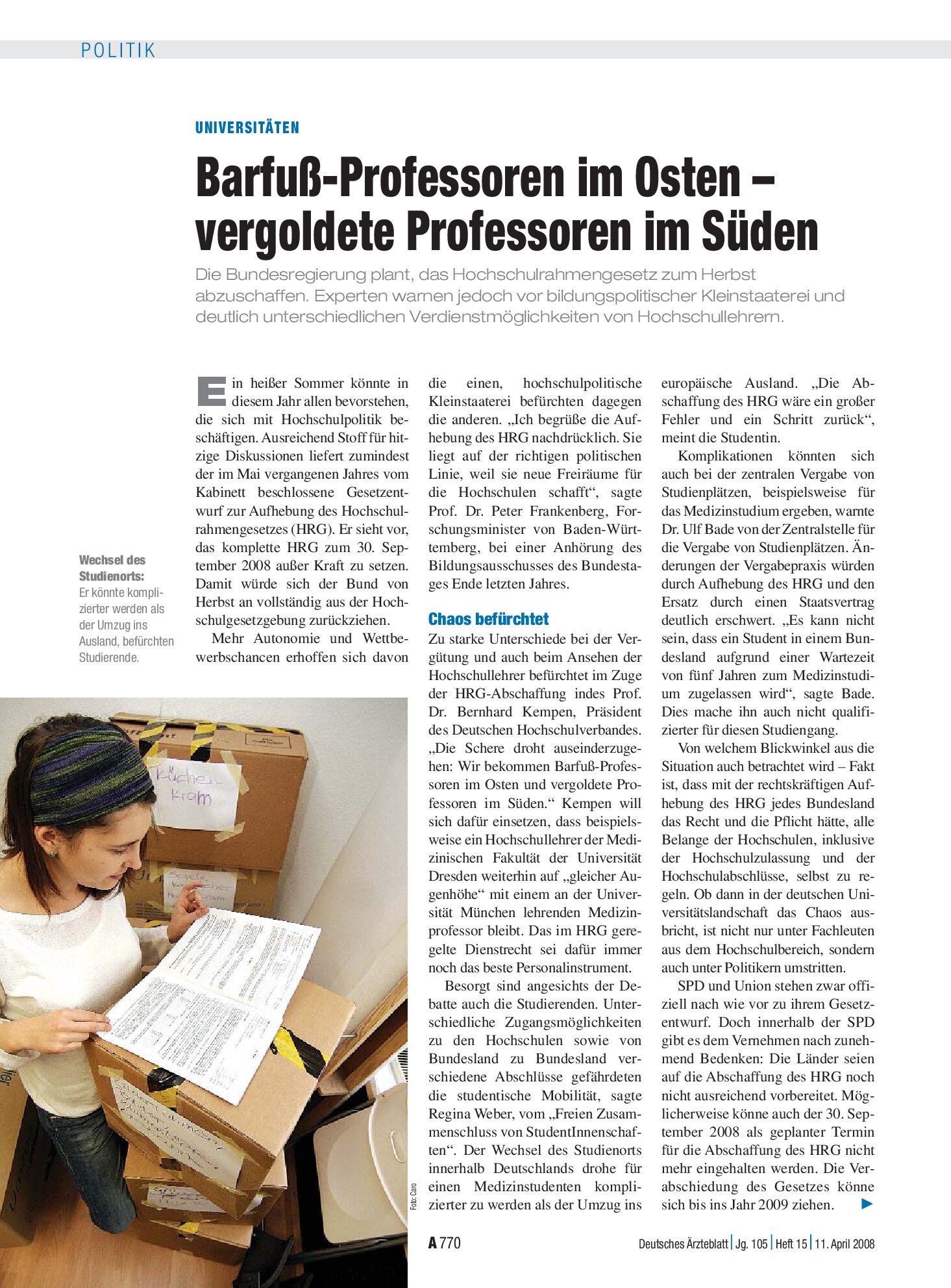 Vorschauseite 1: Universitäten: Barfuß-Professoren im Osten – vergoldete Professoren im Süden – Deutsches Ärzteblatt