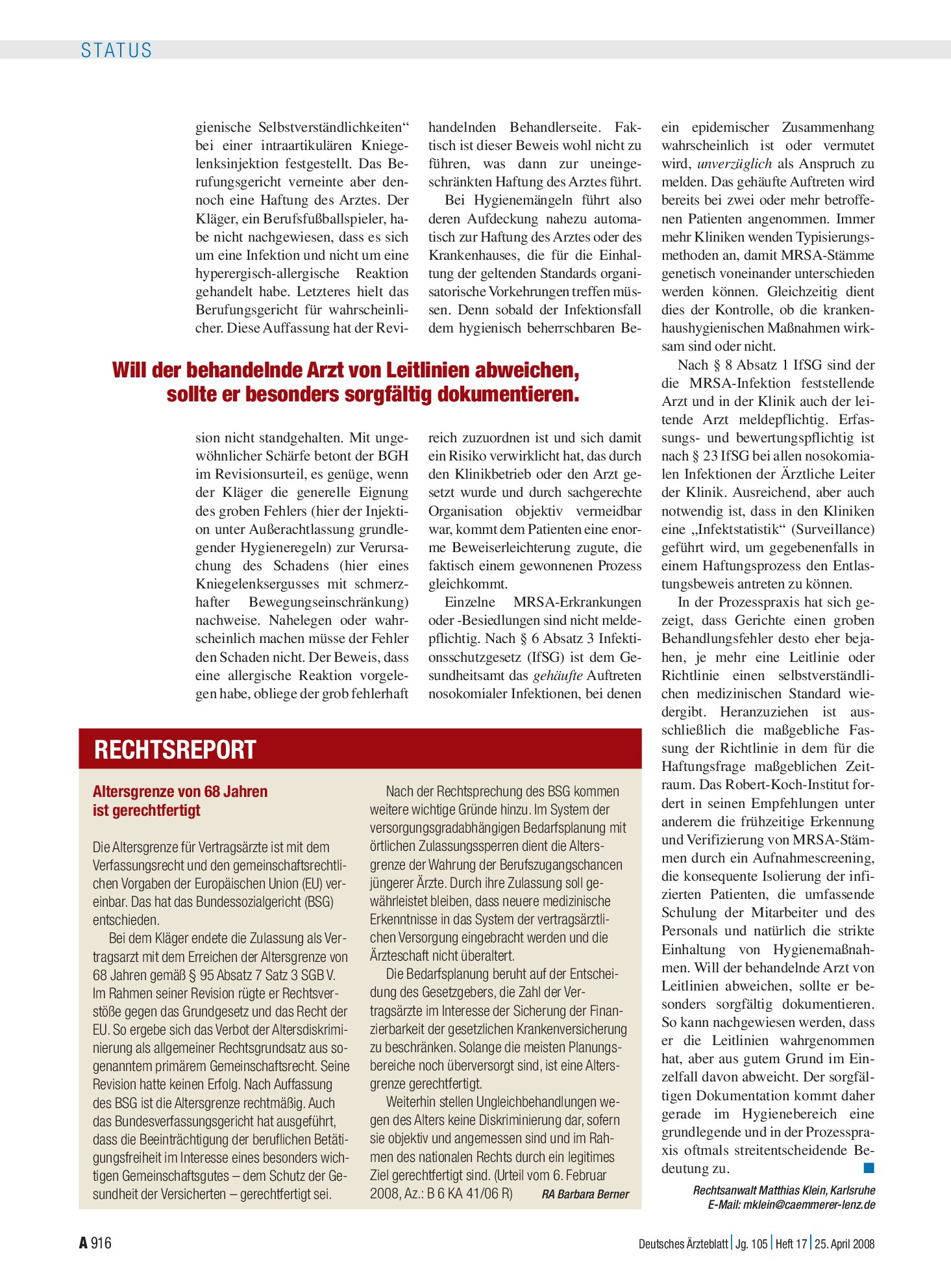 Vorschauseite 1: Altersgrenze von 68 Jahren ist gerechtfertigt – Deutsches Ärzteblatt