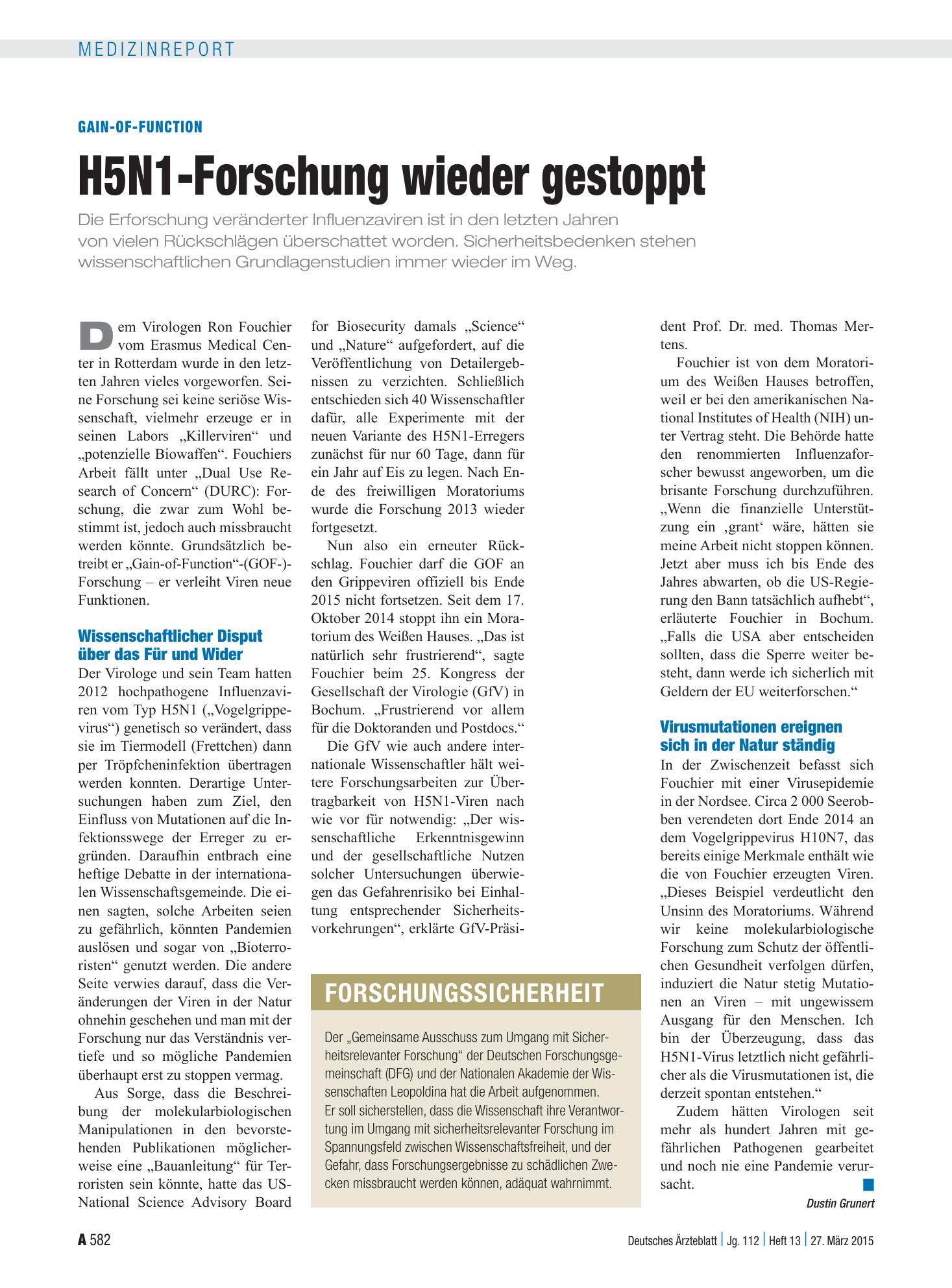 Vorschauseite 1: Gain-Of-Function: H5N1-Forschung wieder gestoppt – Deutsches Ärzteblatt