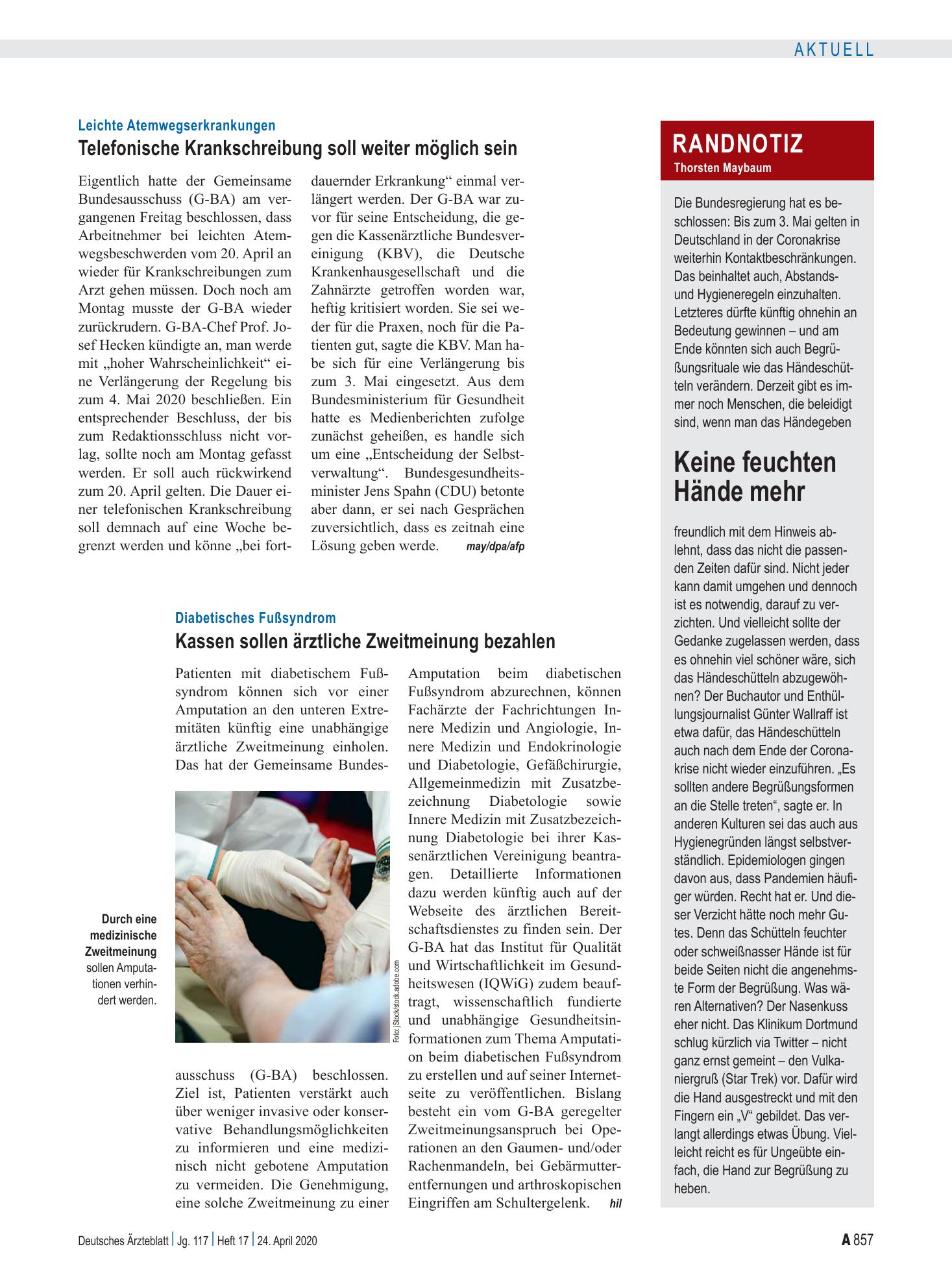 Vorschauseite 1: Randnotiz: Keine feuchten Hände mehr – Deutsches Ärzteblatt