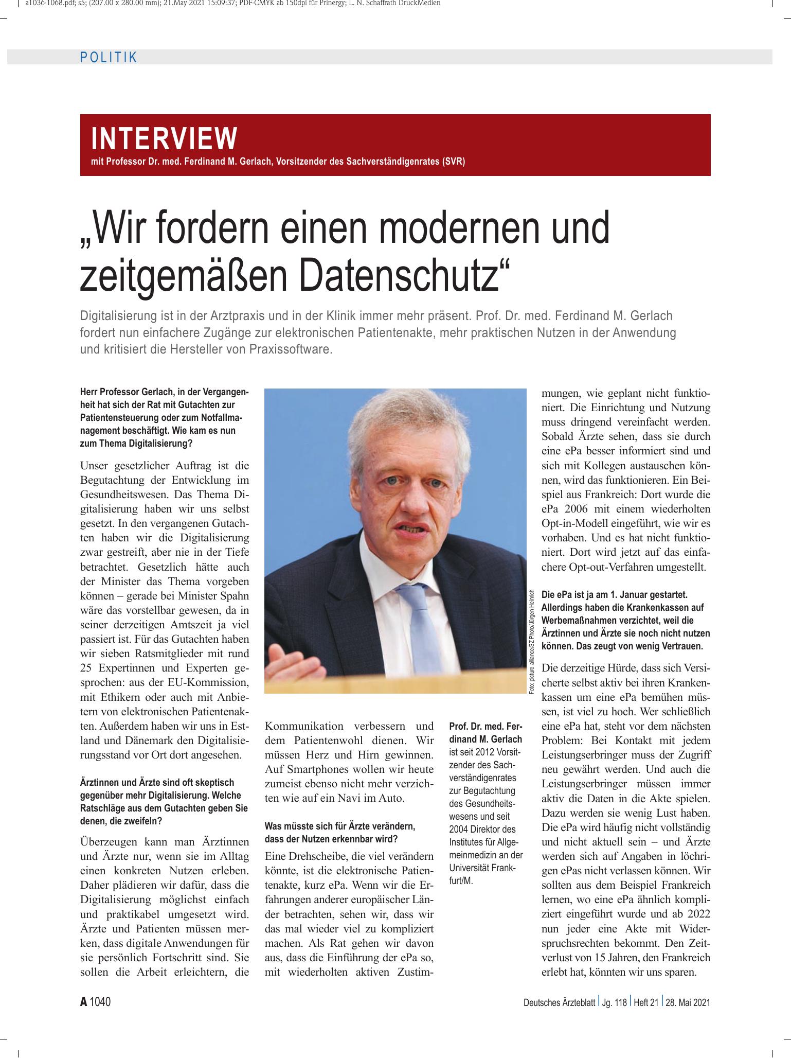 Vorschauseite 1: Interview mit Professor Dr. med. Ferdinand M. Gerlach, Vorsitzender des Sachverständigenrates (SVR): „Wir fordern einen modernen und zeitgemäßen Datenschutz“ – Deutsches Ärzteblatt