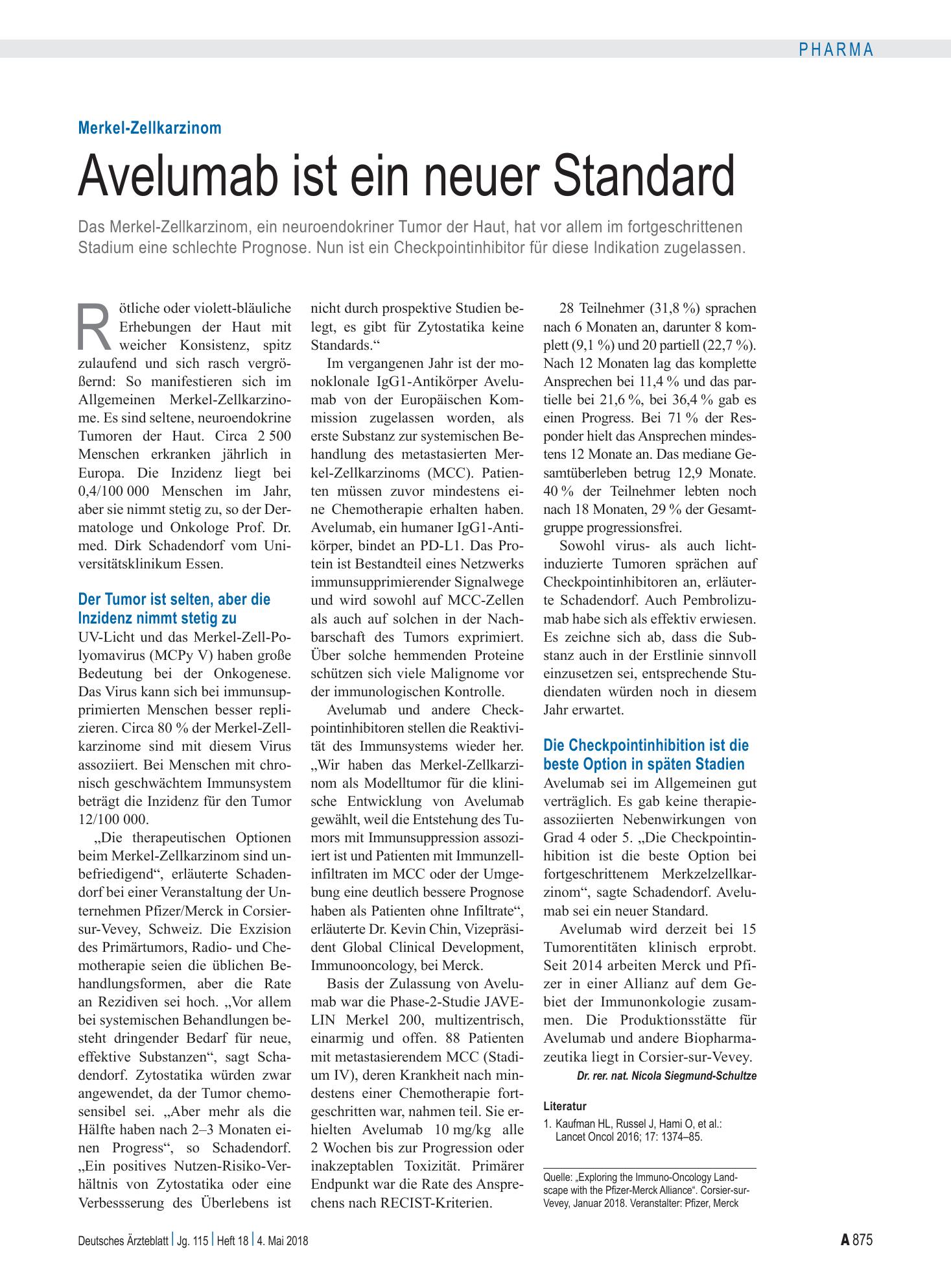 Vorschauseite 1: Merkel-Zellkarzinom: Avelumab ist ein neuer Standard – Deutsches Ärzteblatt