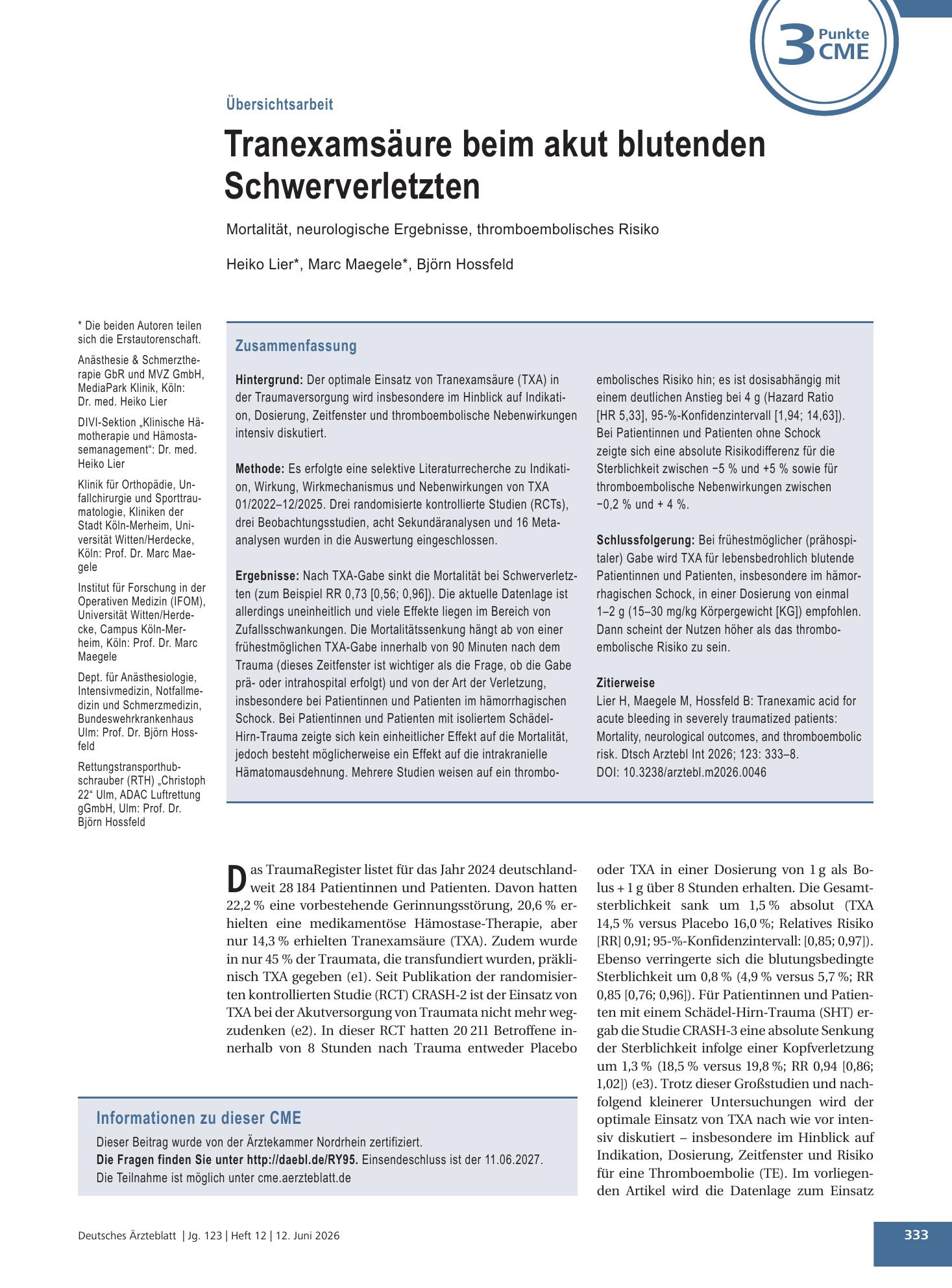 Vorschauseite 1: Tranexamsäure beim akut blutenden Schwerverletzten – Deutsches Ärzteblatt