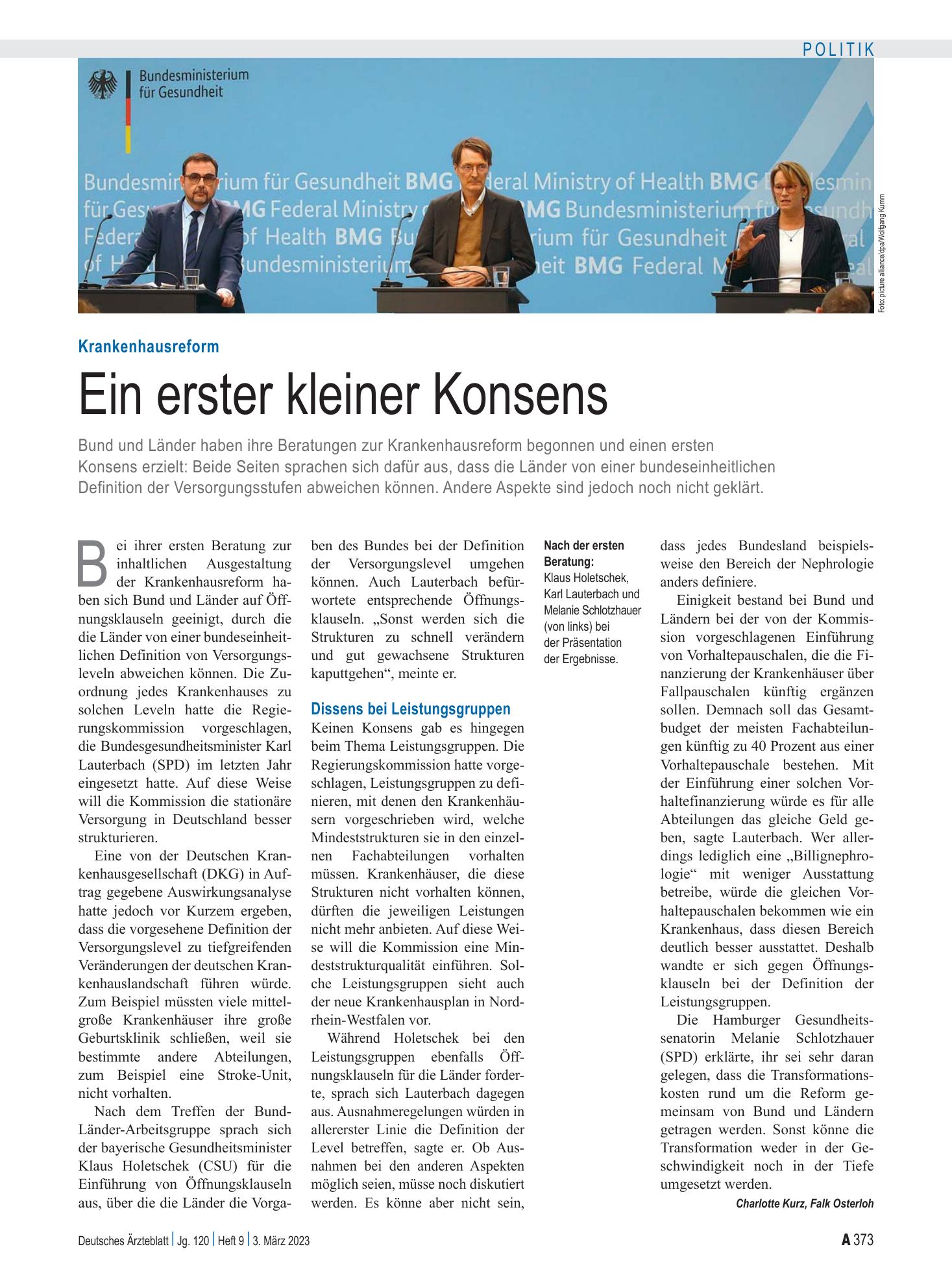 Vorschauseite 1: Krankenhausreform: Ein erster kleiner Konsens – Deutsches Ärzteblatt