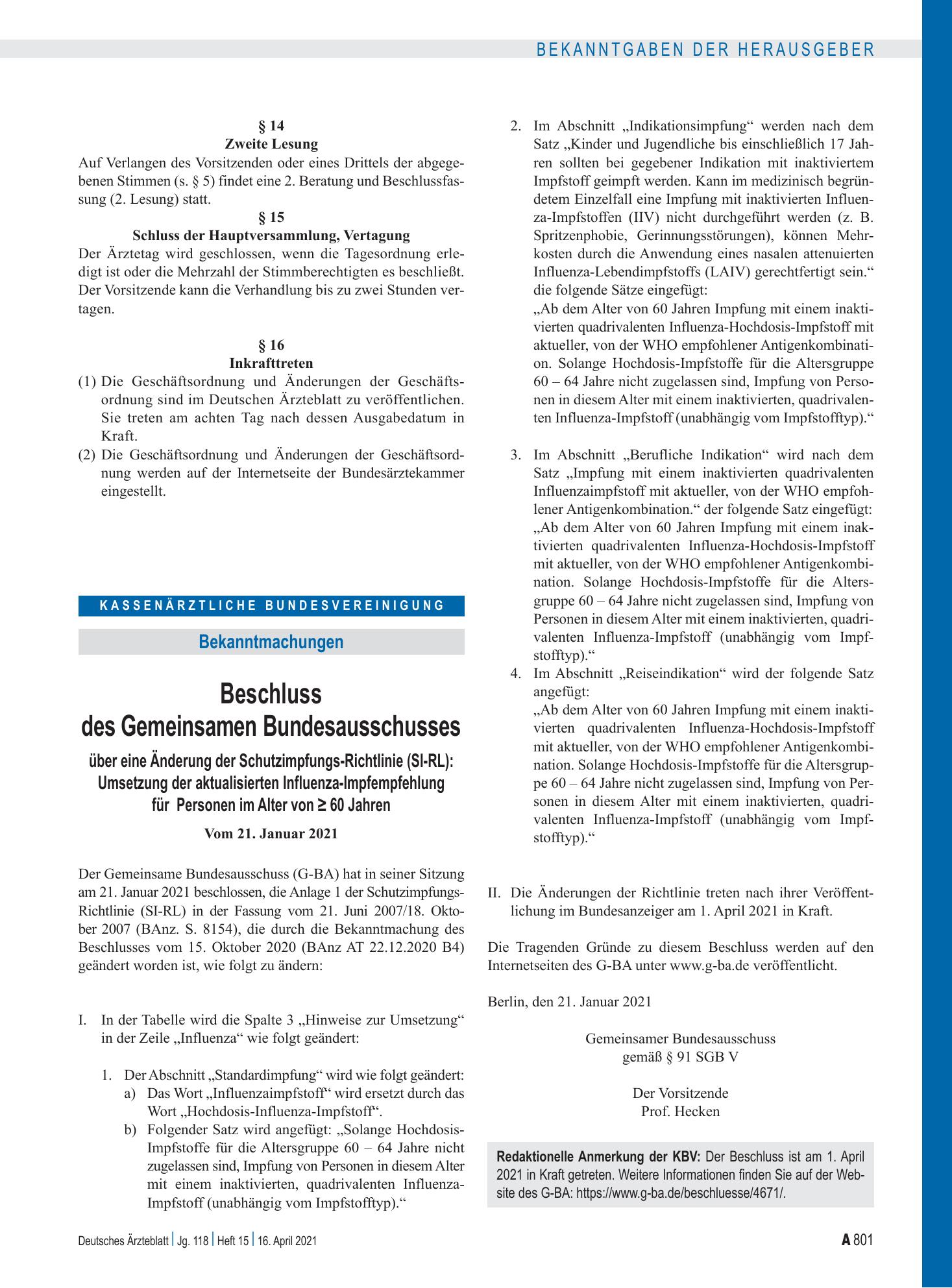 Vorschauseite 1: Beschluss des Gemeinsamen Bundesausschusses über eine Änderung der Schutzimpfungs-Richtlinie (SI-RL): Umsetzung der aktualisierten Influenza-Impfempfehlung für Personen im Alter v…