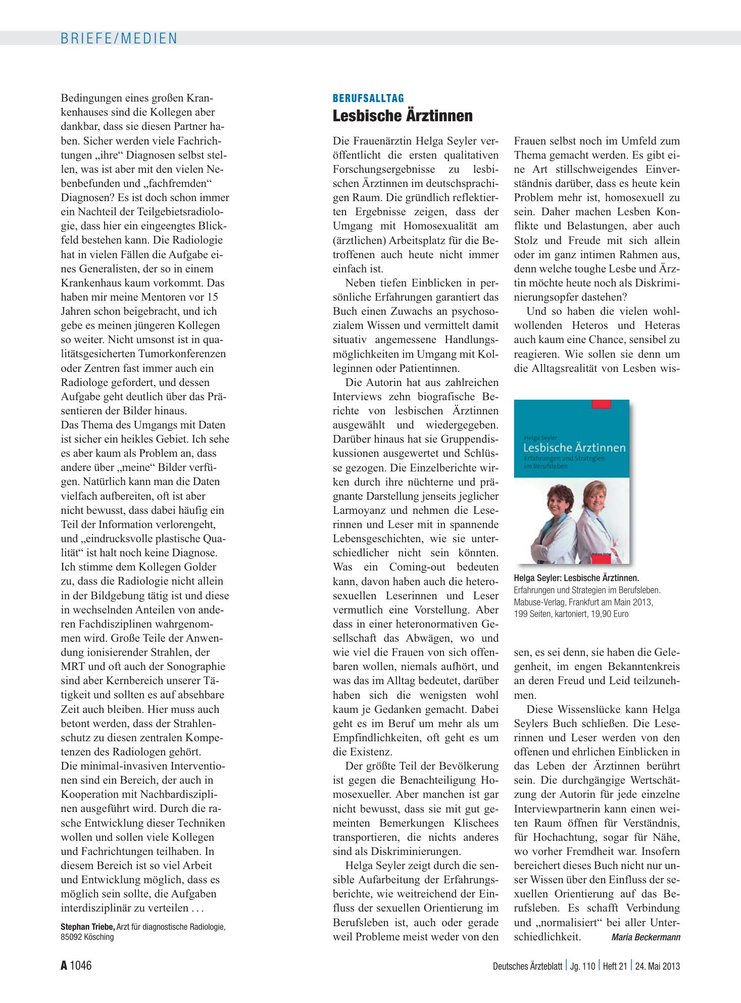 Vorschauseite 1: Berufsalltag: Lesbische Ärztinnen – Deutsches Ärzteblatt