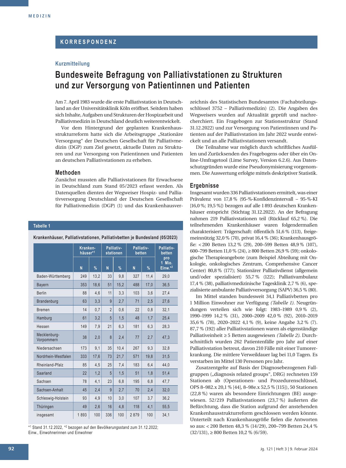 Vorschauseite 1: Bundesweite Befragung von Palliativstationen zu Strukturen und zur Versorgung von Patientinnen und Patienten – Deutsches Ärzteblatt