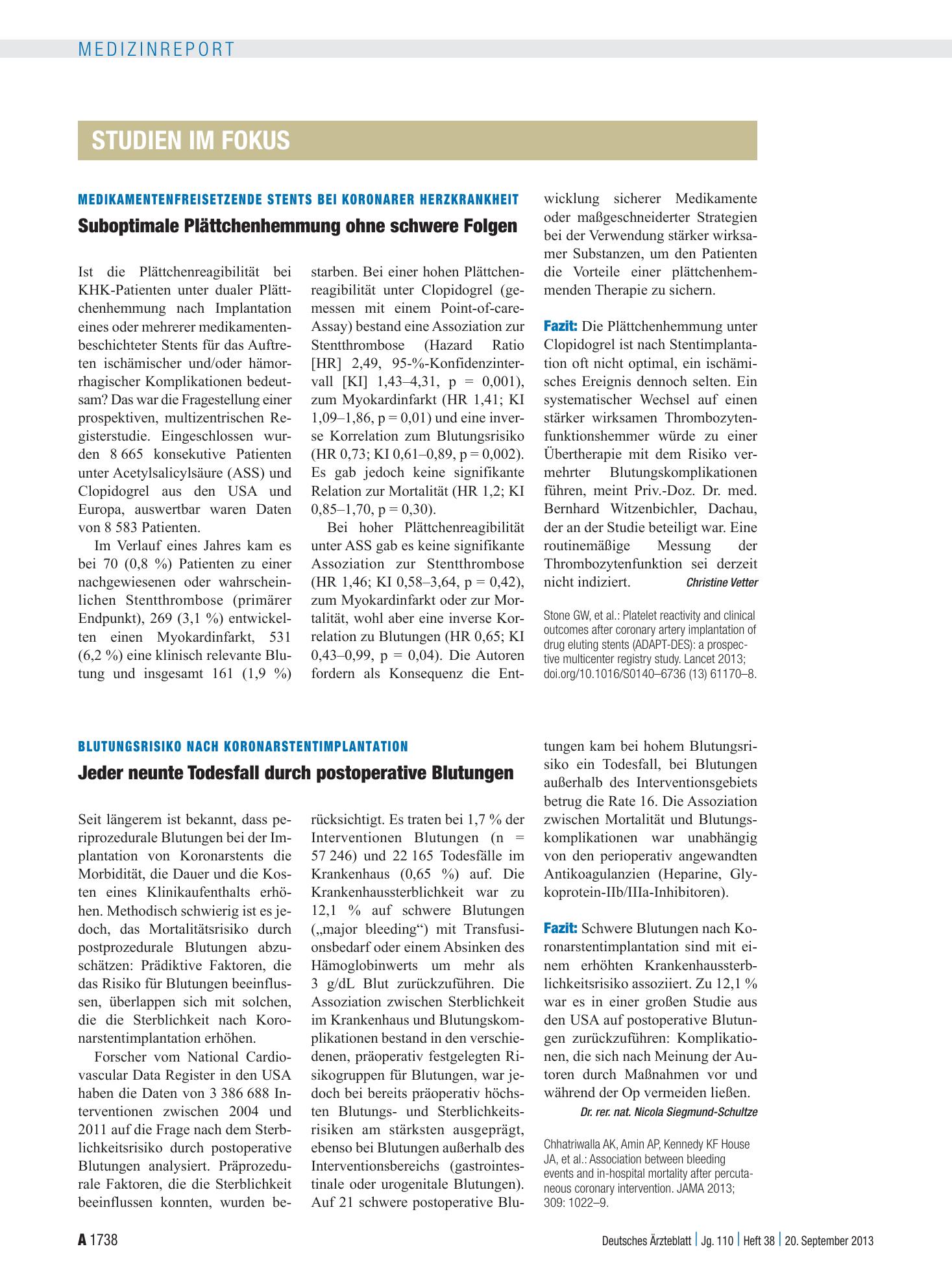 Vorschauseite 1: Blutungsrisiko nach Koronarstentimplantation: Jeder neunte Todesfall durch postoperative Blutungen – Deutsches Ärzteblatt
