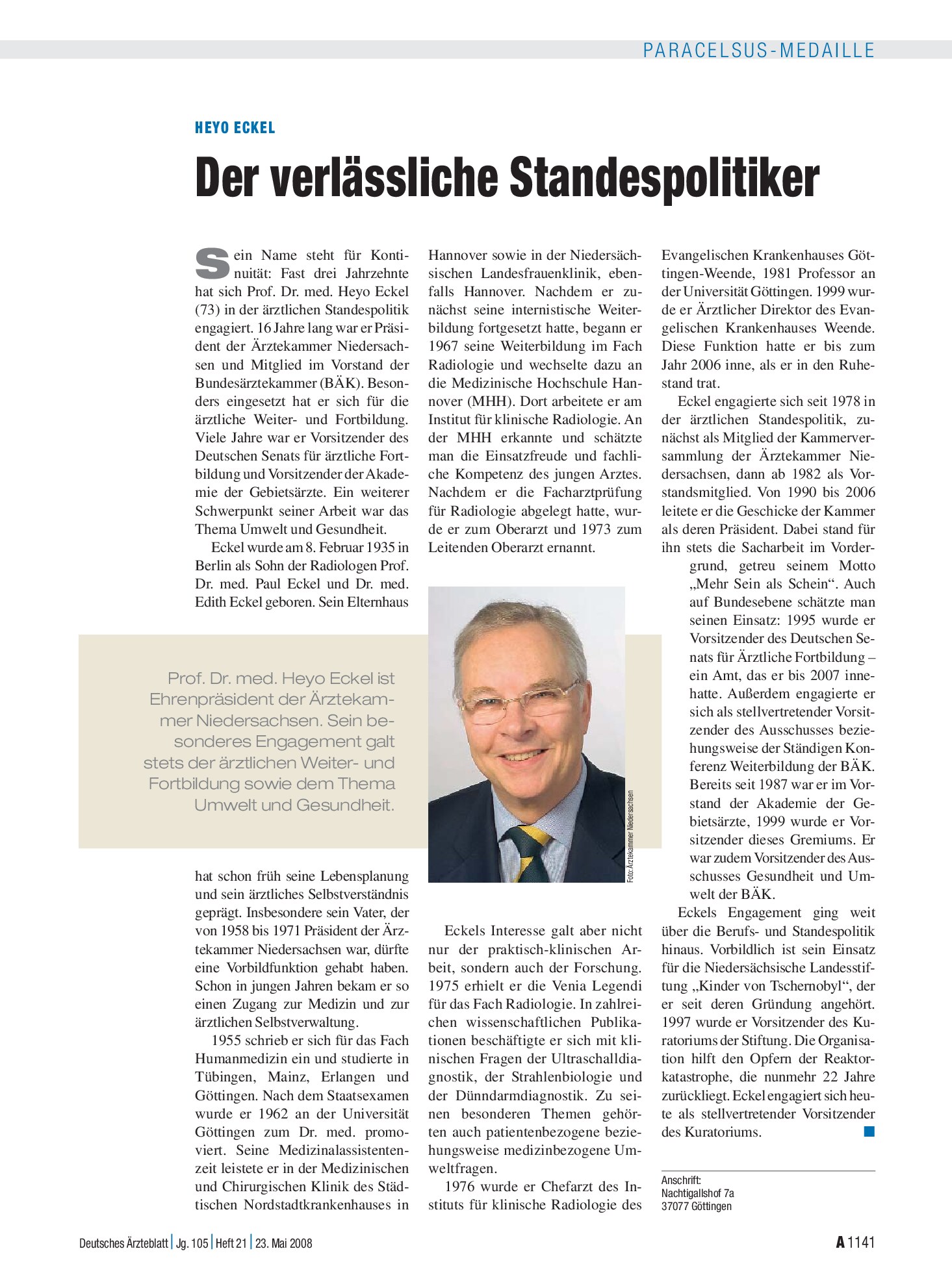 Vorschauseite 1: Heyo Eckel: Der verlässliche Standespolitiker – Deutsches Ärzteblatt