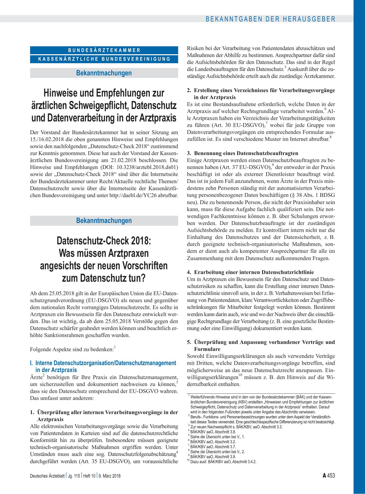 Vorschauseite 1: Hinweise und Empfehlungen zur ärztlichen Schweigepflicht, Datenschutz und Datenverarbeitung in der Arztpraxis – Deutsches Ärzteblatt