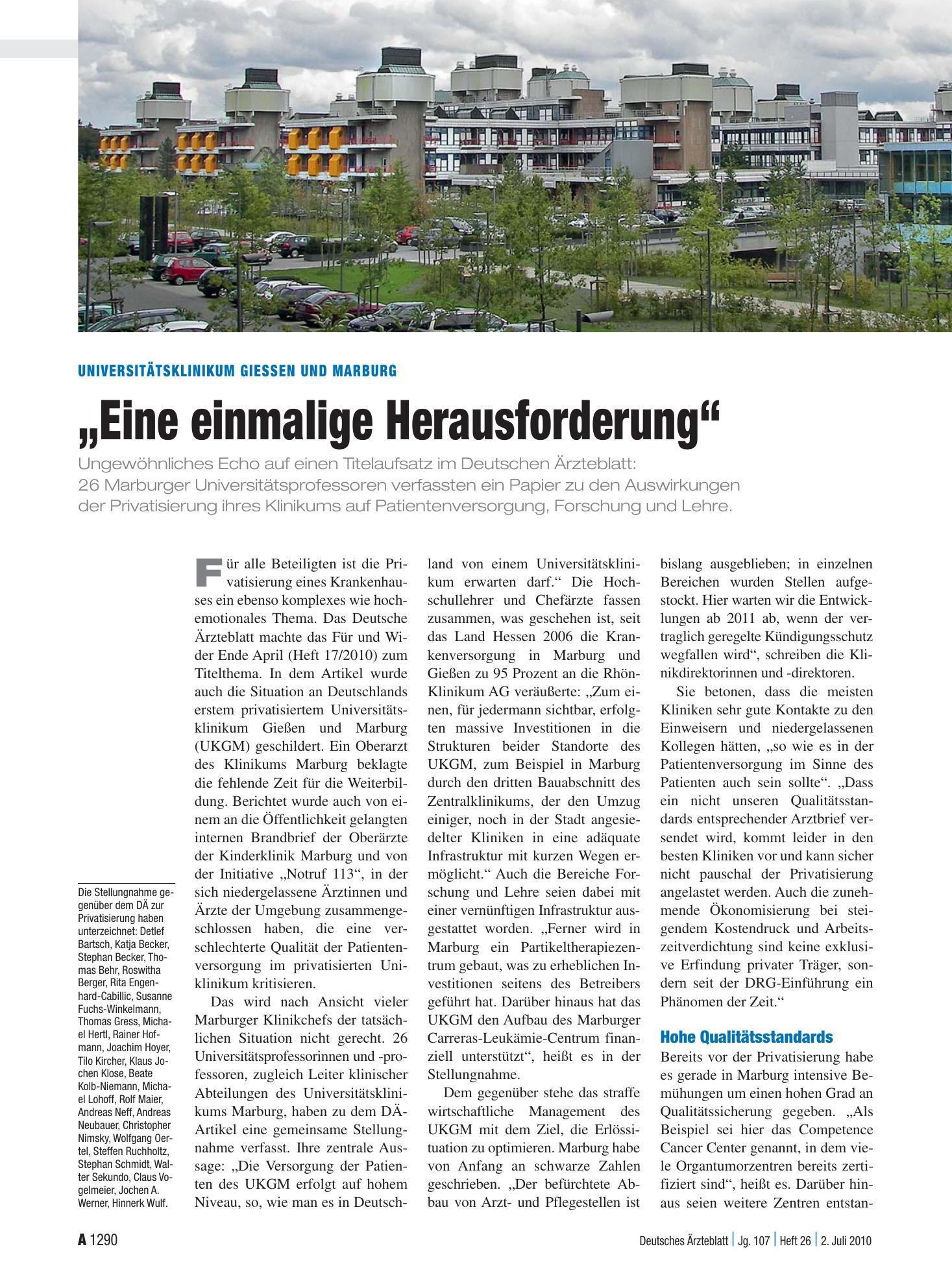 Vorschauseite 1: Universitätsklinikum Giessen und Marburg: „Eine einmalige Herausforderung“ – Deutsches Ärzteblatt