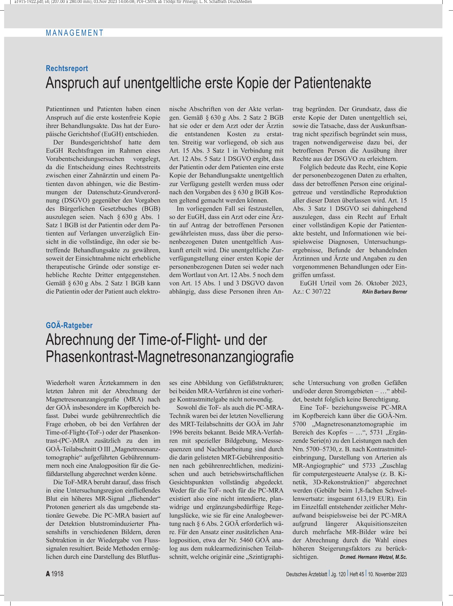 Vorschauseite 1: GOÄ-Ratgeber: Abrechnung der Time-of-Flight- und der Phasenkontrast-Magnetresonanzangiografie – Deutsches Ärzteblatt