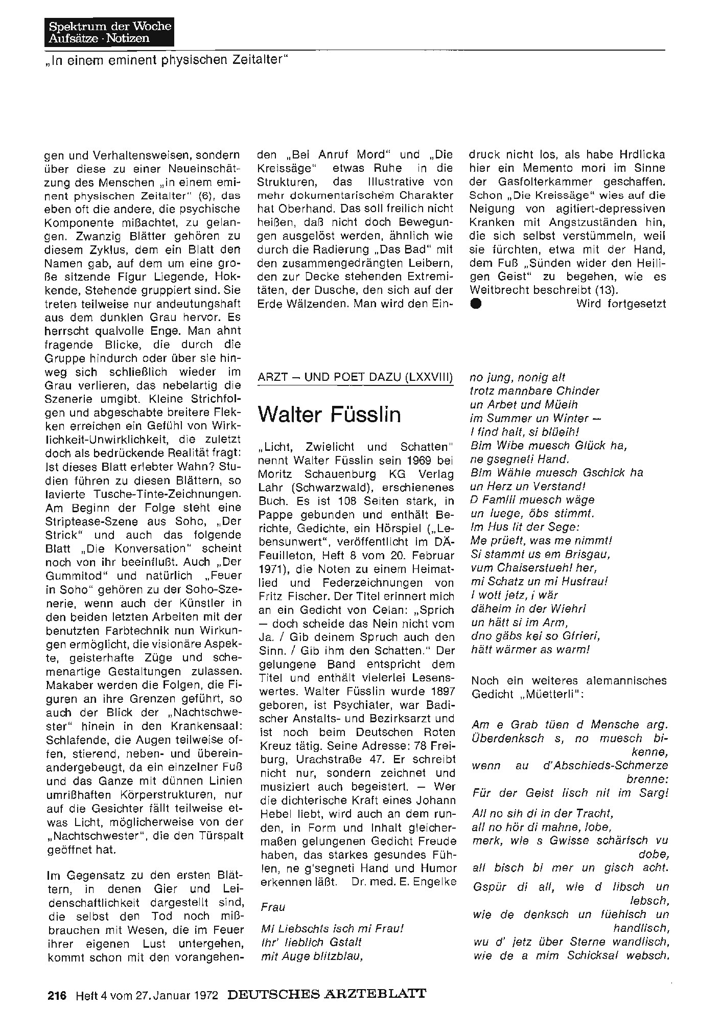 Vorschauseite 1: Arzt — und Poet dazu (LXXVIII): Walter Füsslin