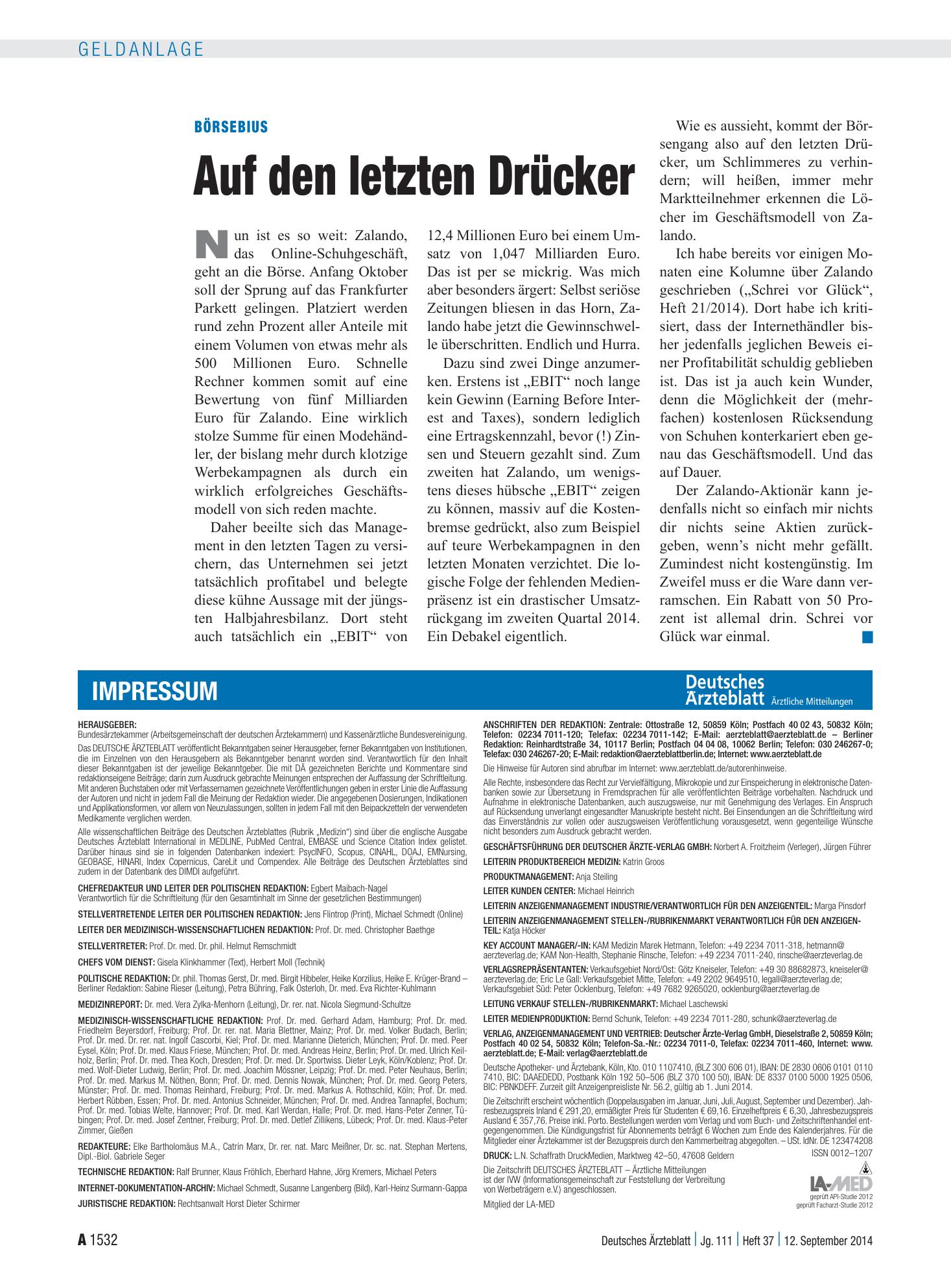 Vorschauseite 1: Börsebius: Auf den letzten Drücker – Deutsches Ärzteblatt
