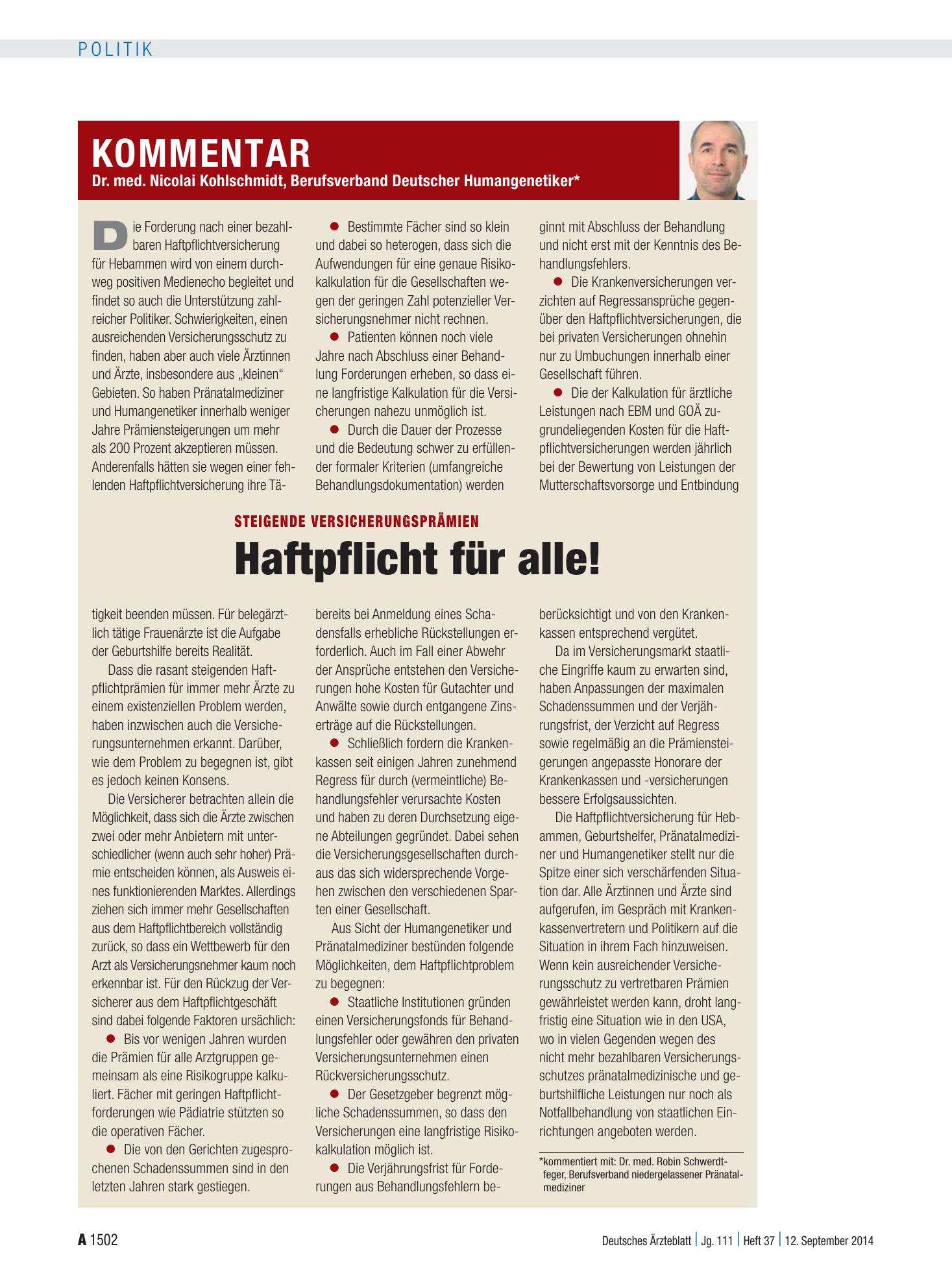 Vorschauseite 1: Steigende Versicherungsprämien: Haftpflicht für alle! – Deutsches Ärzteblatt