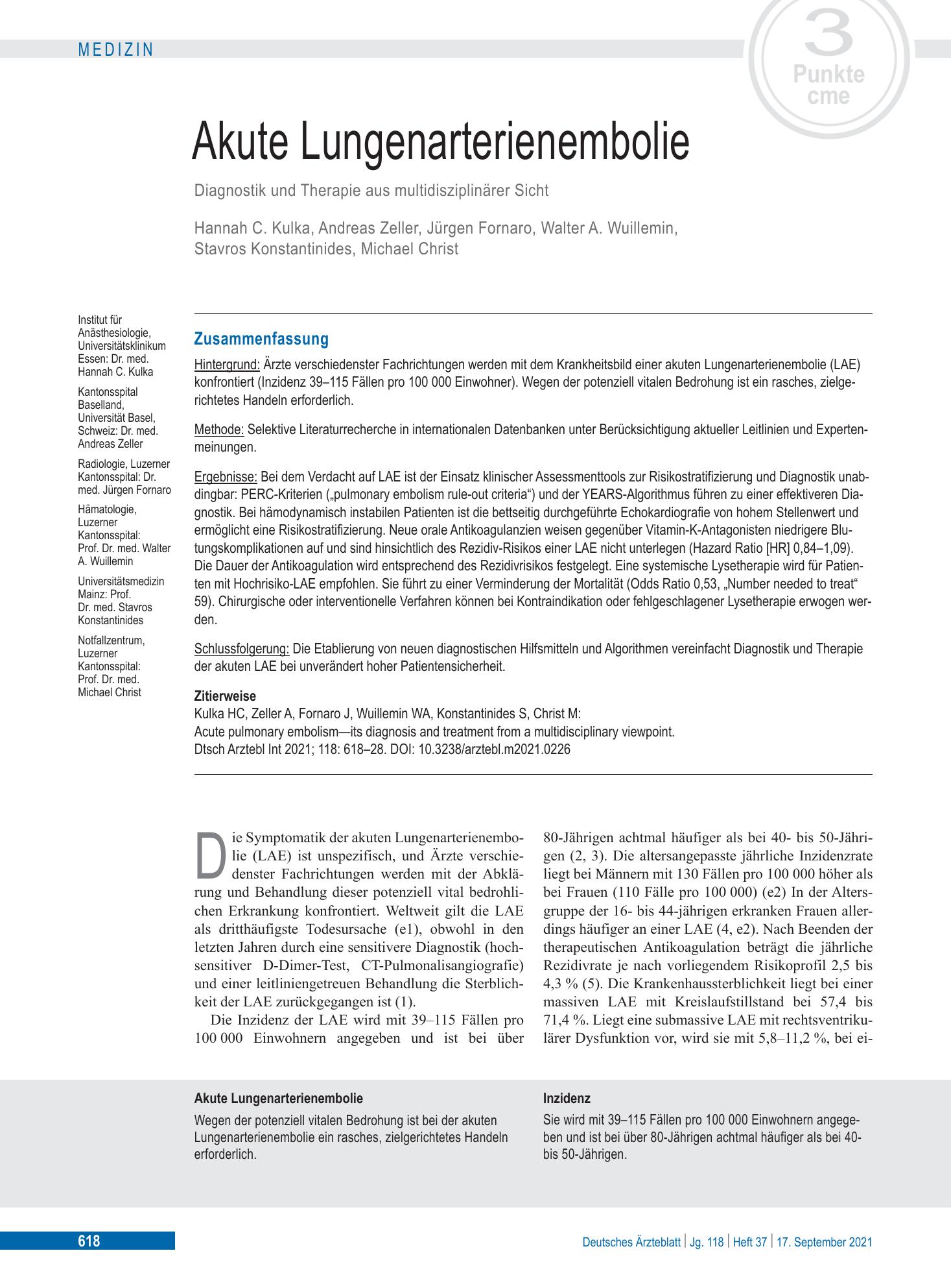 Vorschauseite 1: Akute Lungenarterienembolie – Deutsches Ärzteblatt