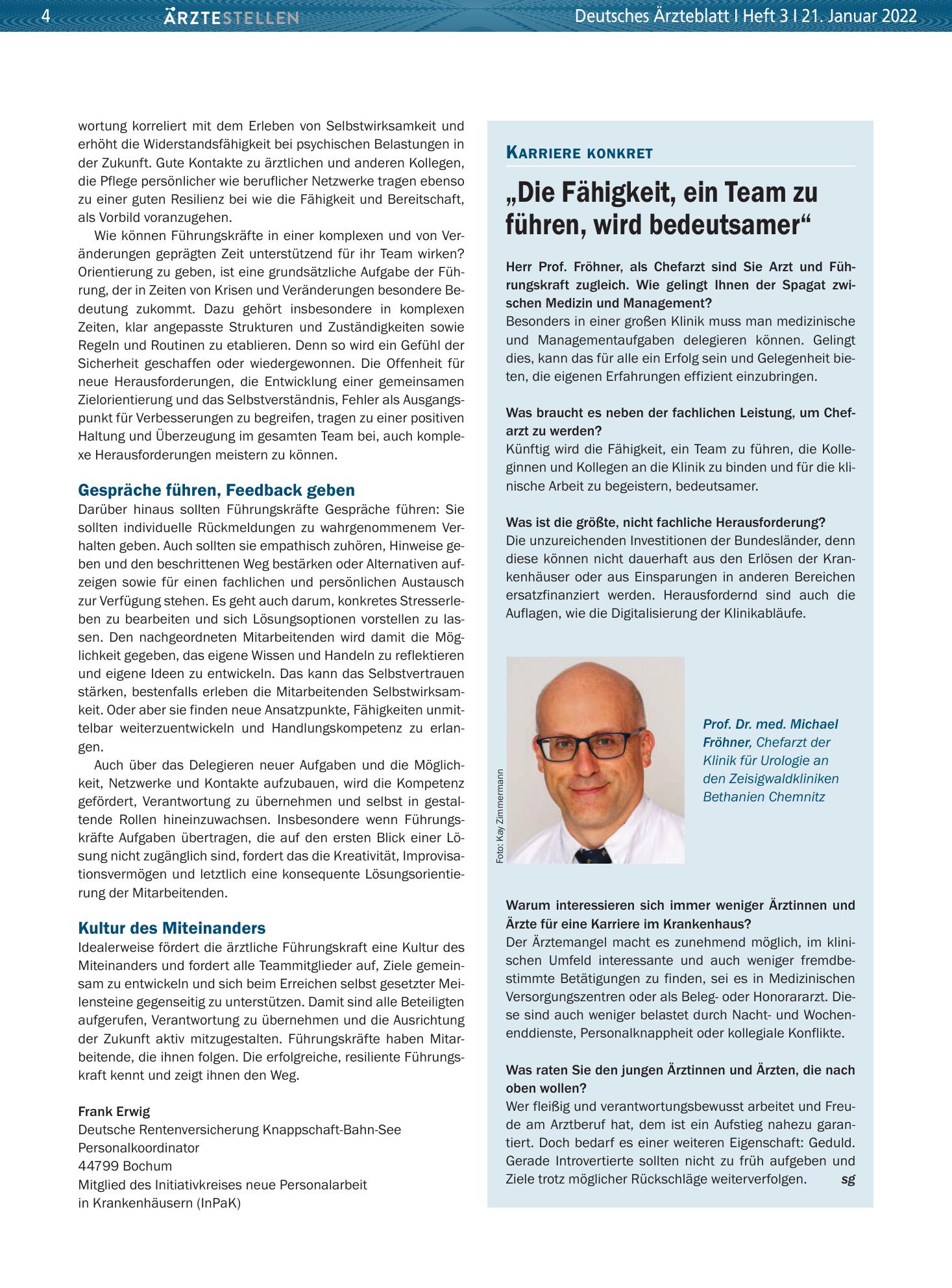 Vorschauseite 1: „Die Fähigkeit, ein Team zu führen, wird bedeutsamer“ – Deutsches Ärzteblatt