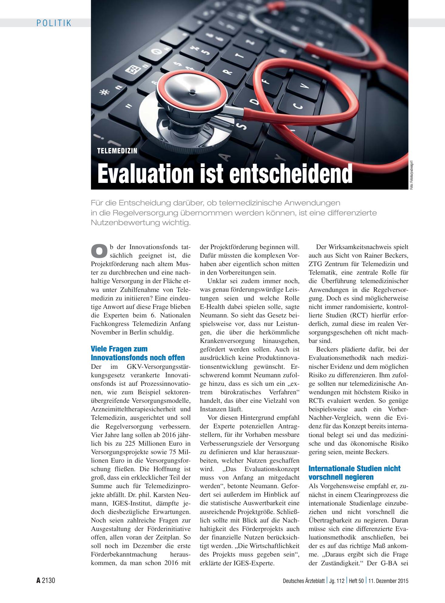 Vorschauseite 1: Telemedizin: Evaluation ist entscheidend – Deutsches Ärzteblatt