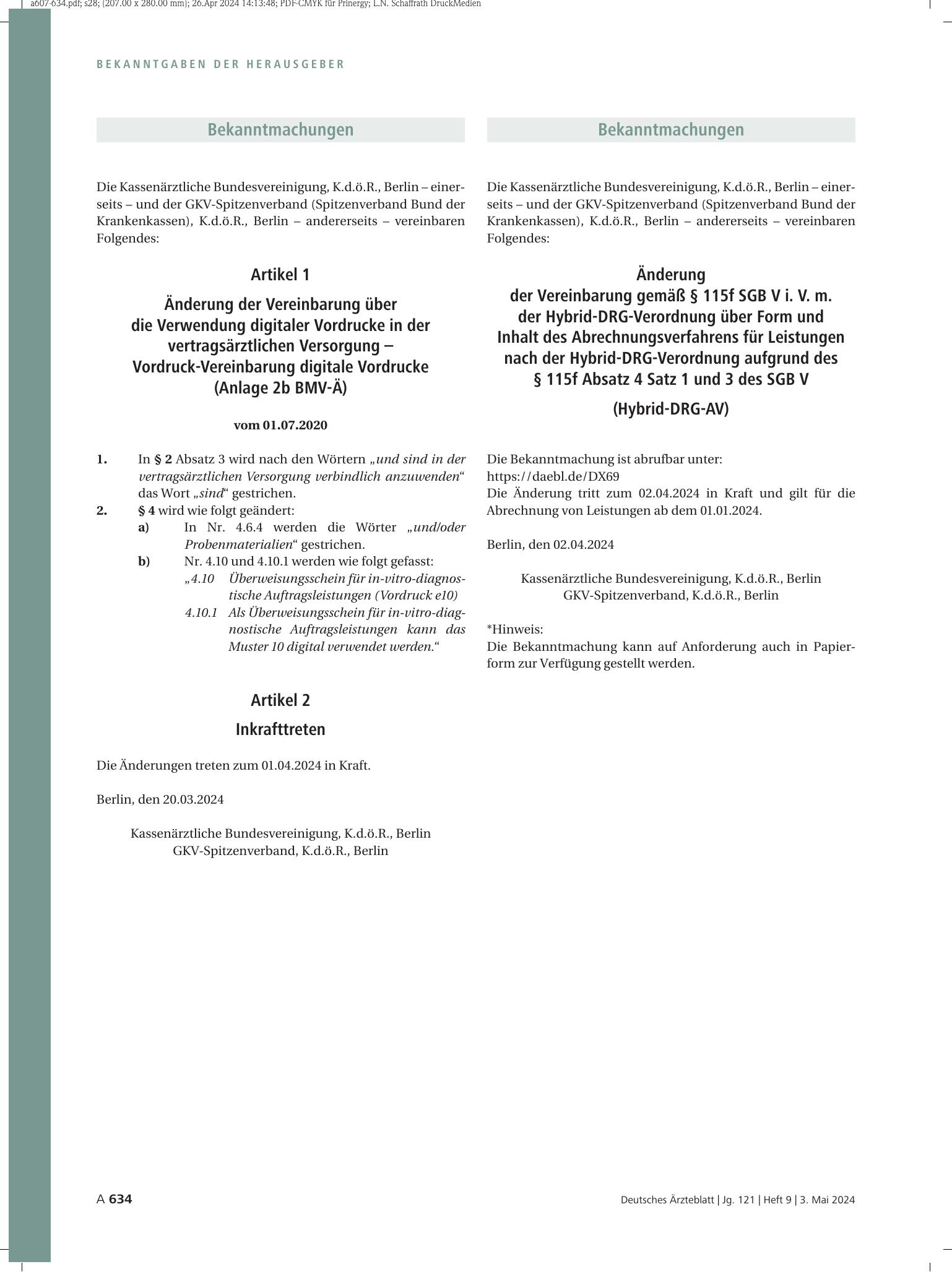 Vorschauseite 1: Änderung der Vereinbarung gemäß § 115f SGB V i. V. m. der Hybrid-DRG-Verordnung über Form und Inhalt des Abrechnungsverfahrens für Leistungen nach der Hybrid-DRG-Verordnung aufgru…