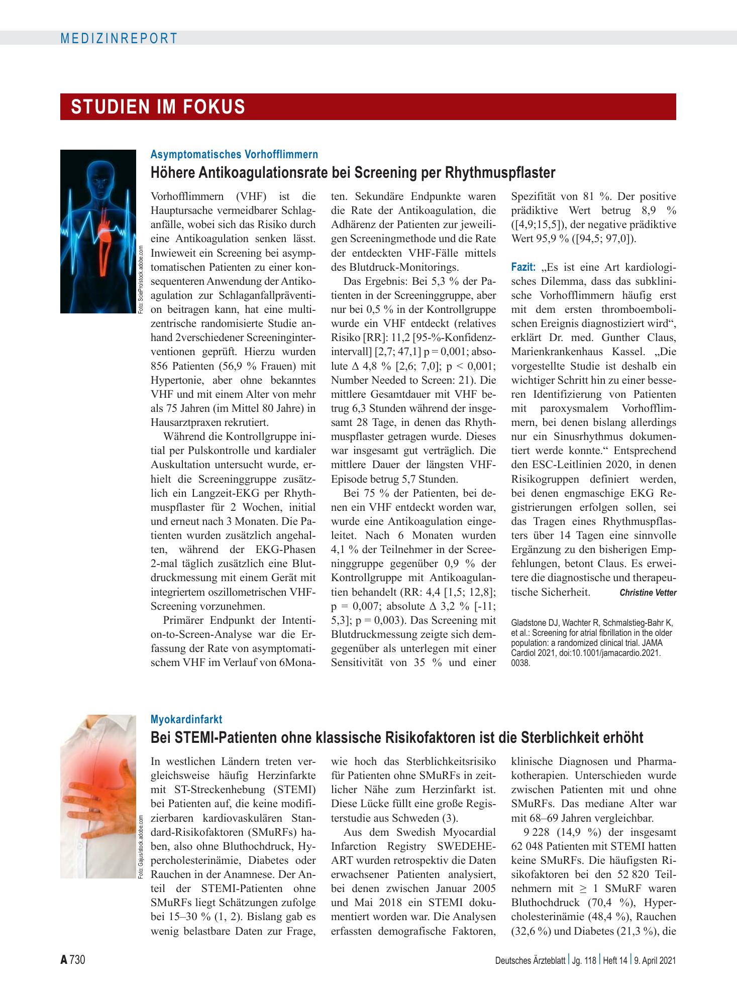 Vorschauseite 1: Asymptomatisches Vorhofflimmern: Höhere Antikoagulationsrate bei Screening per Rhythmuspflaster – Deutsches Ärzteblatt